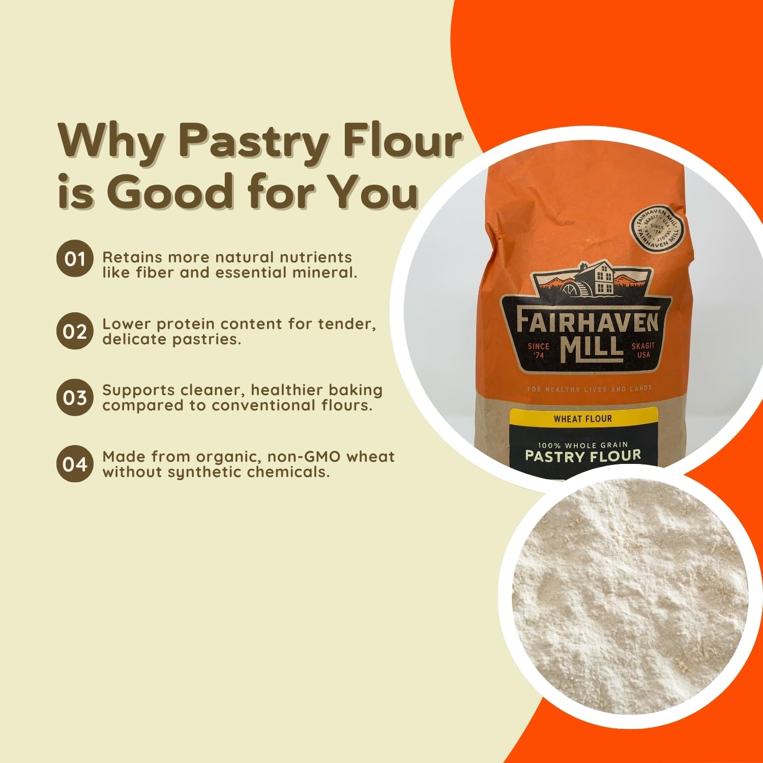 Fairhaven Mill Organic Grain Pastry Flour - USDA Certified Organic and Non-GMO - Low Protein for All Pastry Applications, Cookies, Muffins & Everyday
