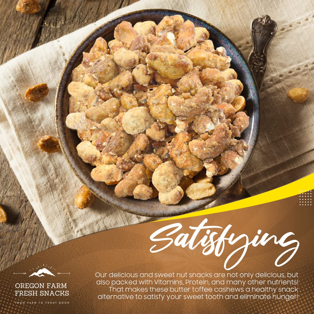 Oregon Farm Fresh Snacks Butter Toffee Cashews - Butter Toffee Coated Cashew Nuts - Delicious and Sweet Nut Snacks - Crunchy Cashew Nut Snack Packs