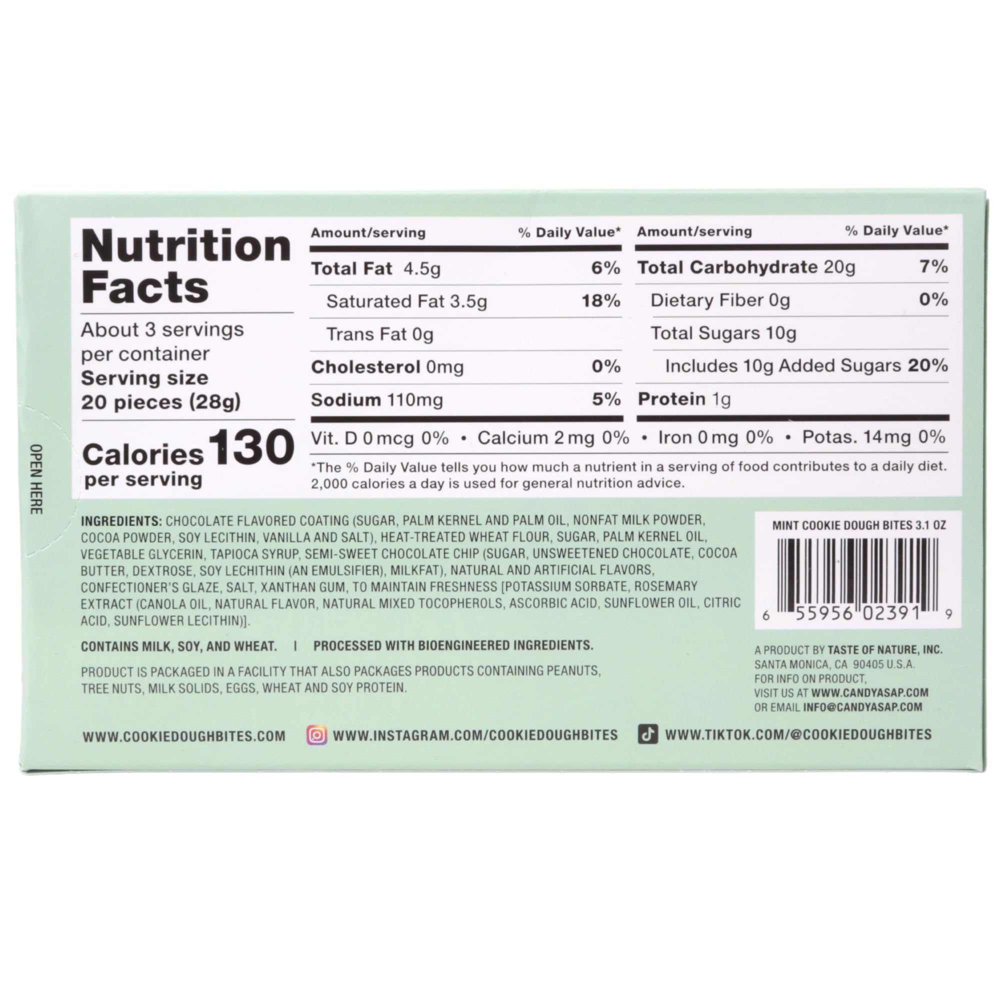 Mint Chocolate Chip Bite Sized Edible Cookie Dough, Creamy Coating, Dessert and Ice Cream Toppers, 3.1 Ounces (Pack of 3)