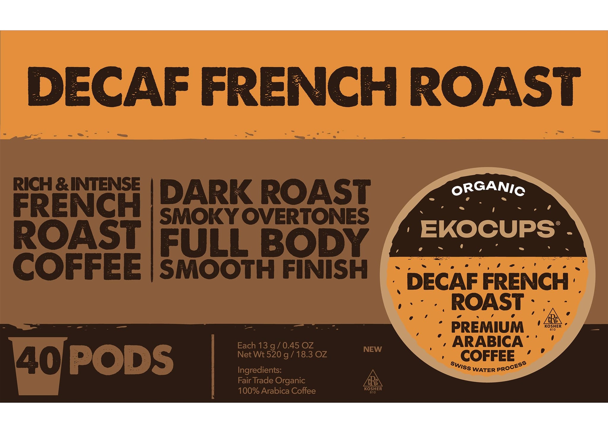 EKOCUPS Organic Swiss Water Decaf French Roast Coffee Pods, Extra 30% More Coffee Per Cup, Artisan Fair Trade Dark Roast, for Keurig K Cup Machines
