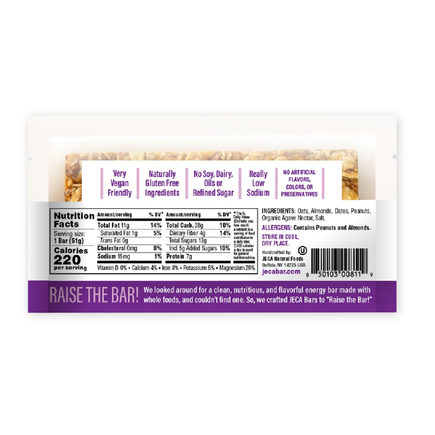 JECA® Almond Dates Energy Bars - Plant-Based Snack with Oats, Almonds, Dates, Peanuts, & Organic Agave Nectar - Vegan, Gluten-Free, Non-GMO - Natural