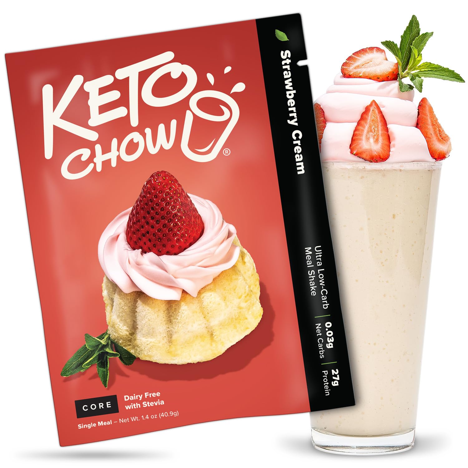 Keto Chow Strawberry Cream CORE with Stevia Meal Replacement Shake Powder, Nutritionally Complete Low Carb Meal, High Protein Breakfast or Lunch