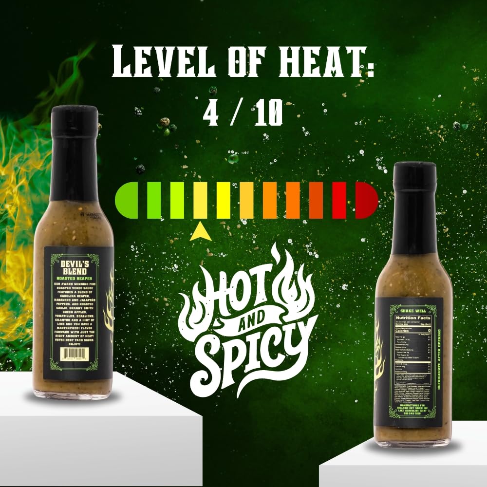 Hellfire Hot Sauce Devil’s Blend - Fire-Roasted Carolina Reaper Salsa Verde Gourmet Hot Sauce, Featured on Hot Ones TV Show, 5 oz.