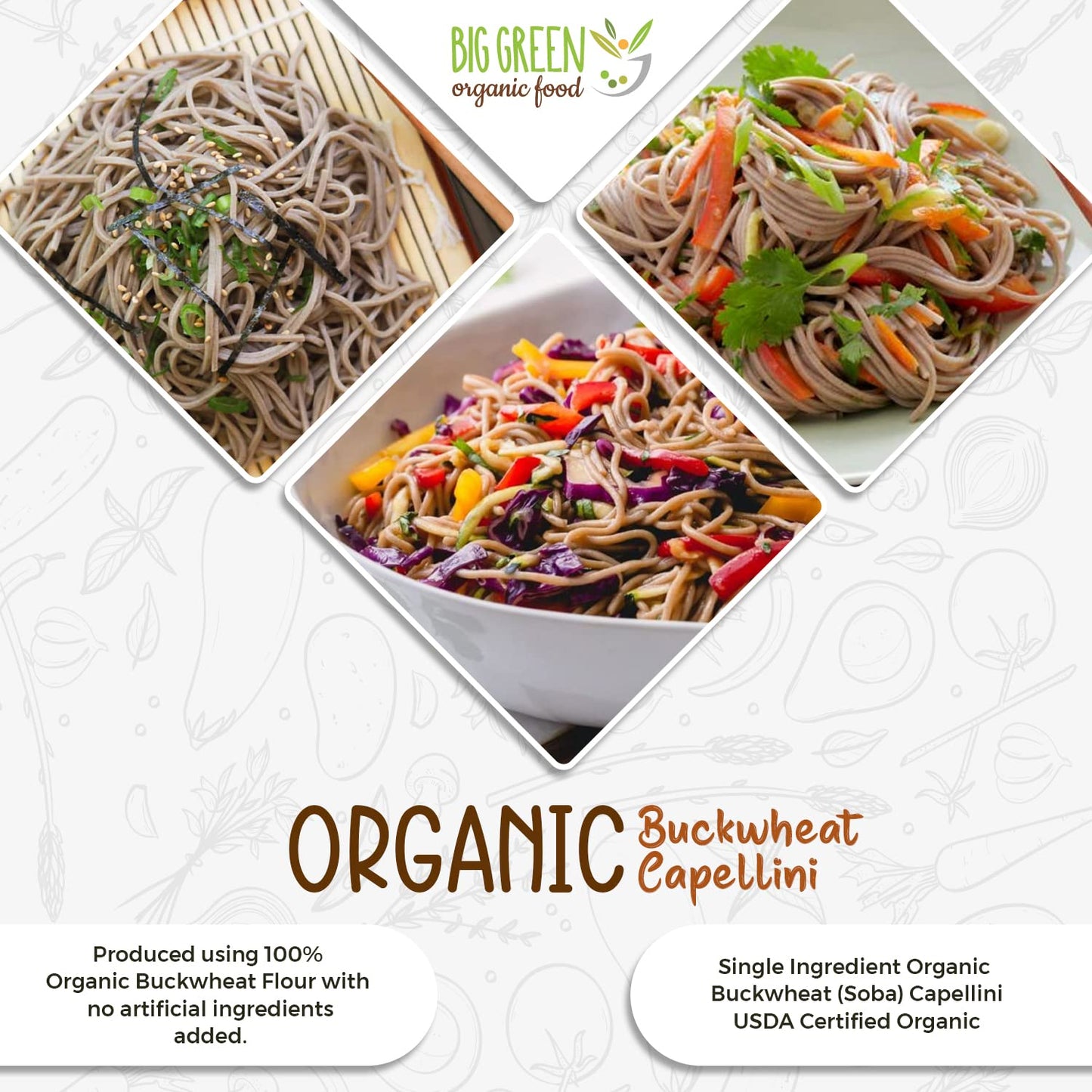 Big Green Organic Food- Organic Buckwheat Capellini, 8.8oz, 100% buckwheat, Gluten-Free, Non-GMO (1 Pack)