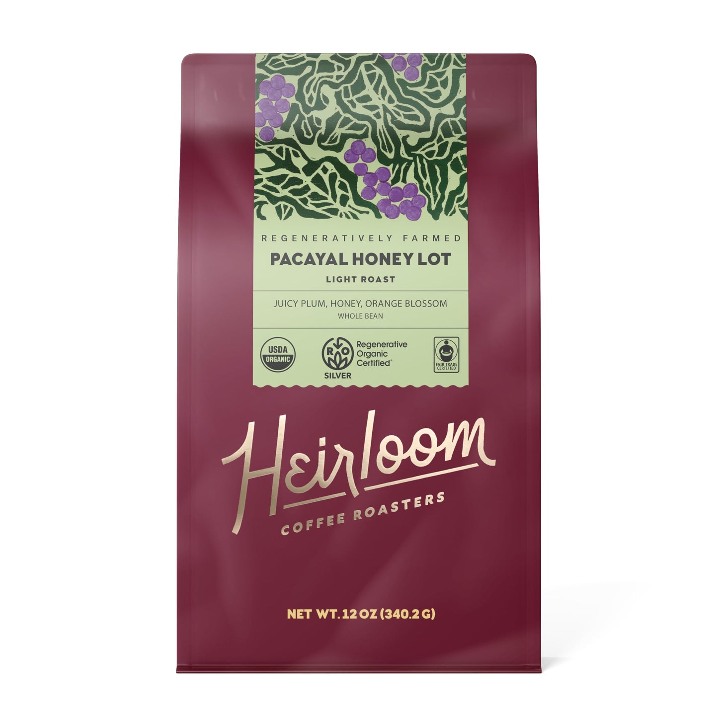 Heirloom Coffee Roasters - Pacayal Honey Lot - Light Roast - Whole Bean Coffee - 100% Regenerative Organic Certified, 12oz
