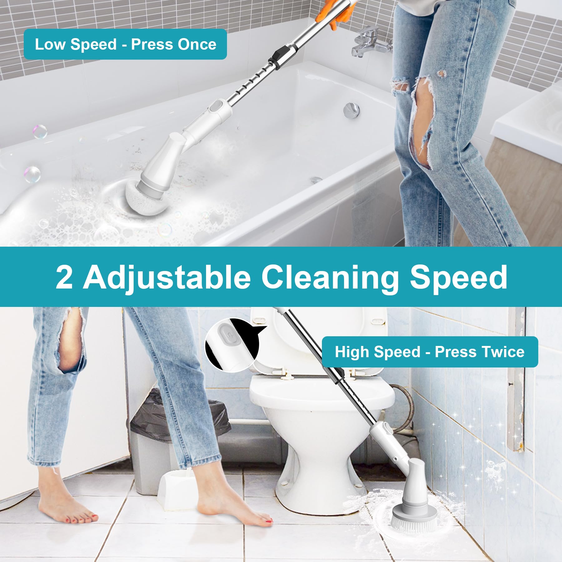 Ultrean Spin Brush, Cordless Electric Spin Scrubber with 4 Replaceable Brush Heads Adjustable Extension Handle, 2 Speed Shower Scrubber for Cleaning