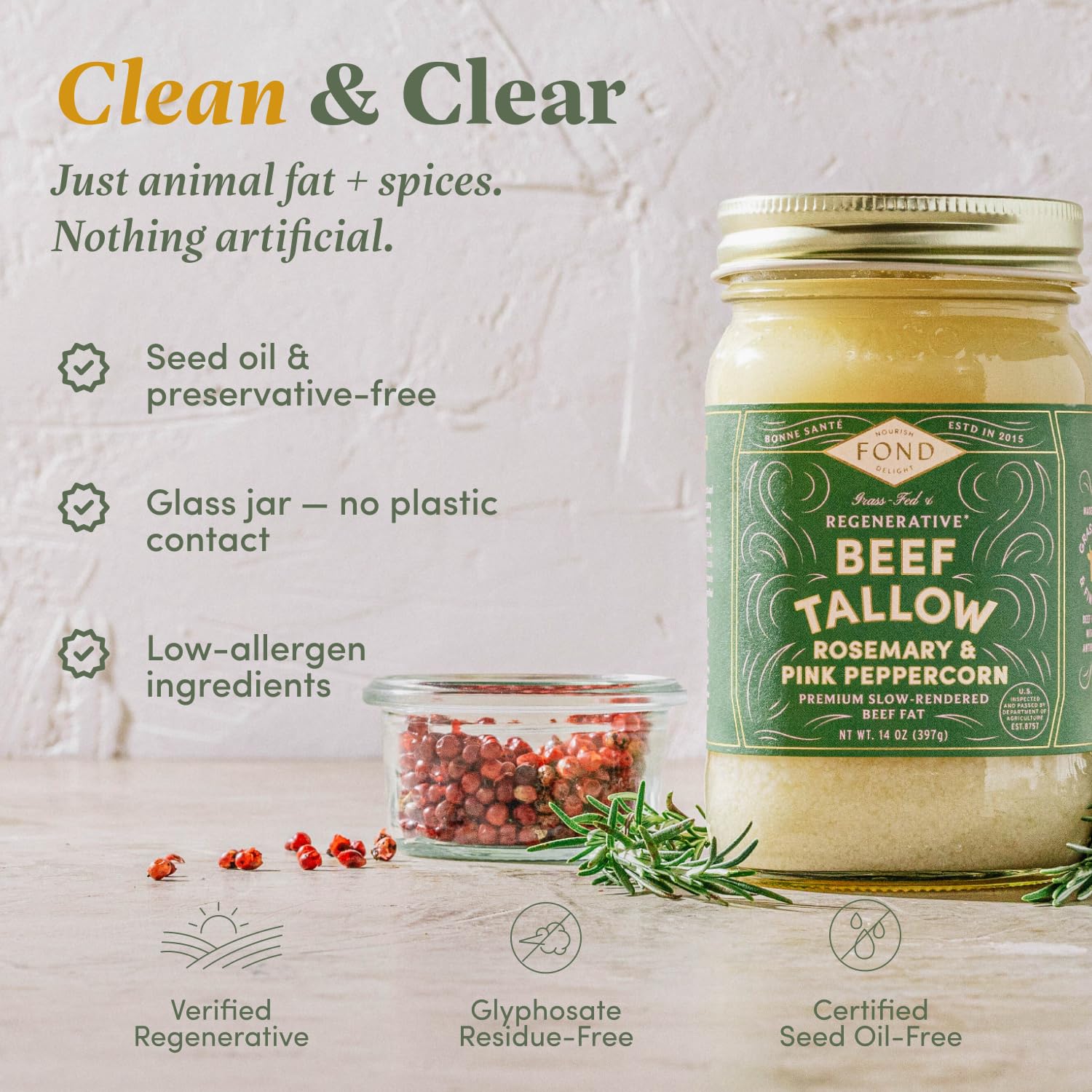 FOND Regenerative Grass-fed Beef Tallow (14 Ounce (Pack of 1), Rosemary & Pink Peppercorn)