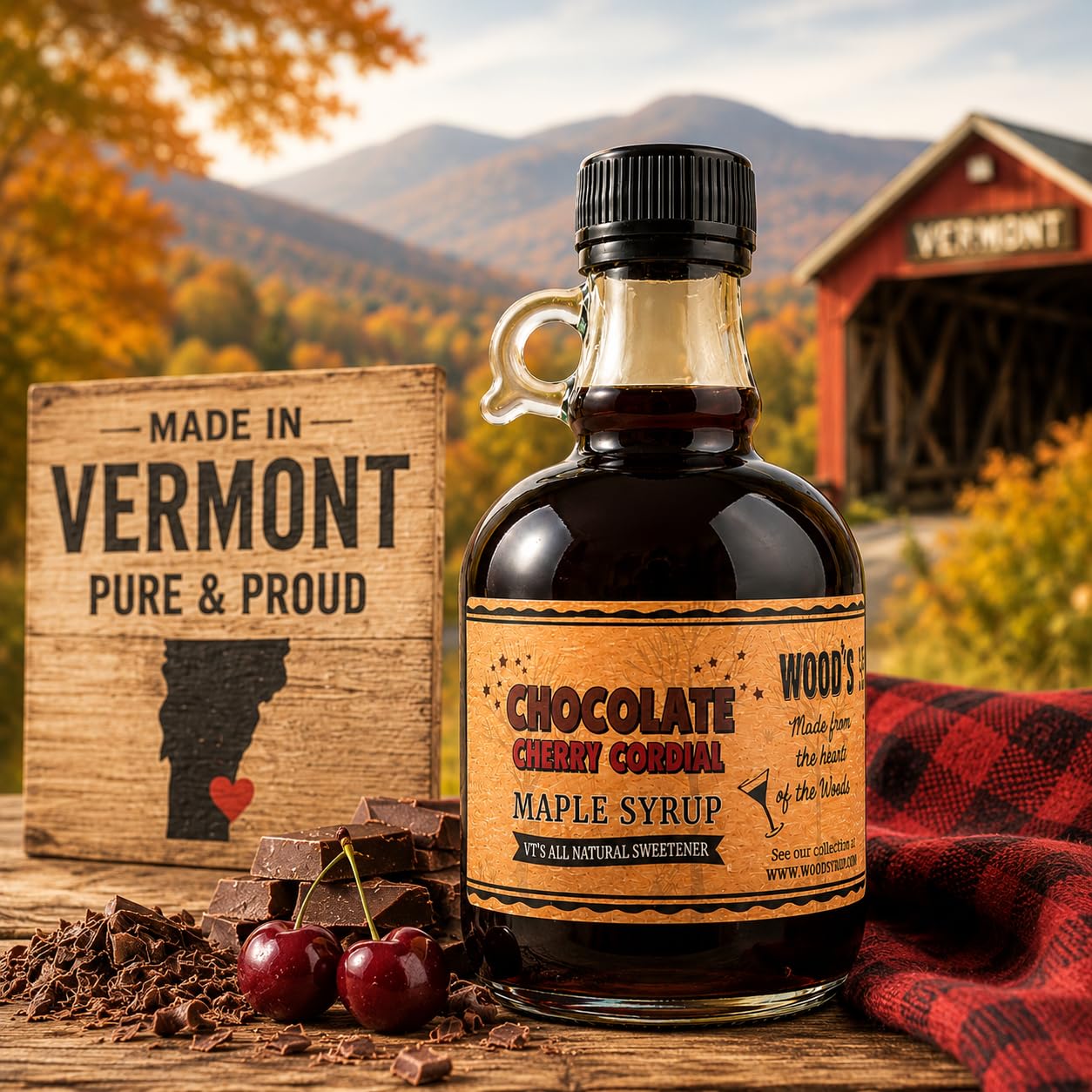 WOOD'S Chocolate Cherry Cordial Infused Maple Syrup - Decadent Vermont Maple Syrup with Dark Cocoa & Succulent Cherries | Small-Batch, All-Natural
