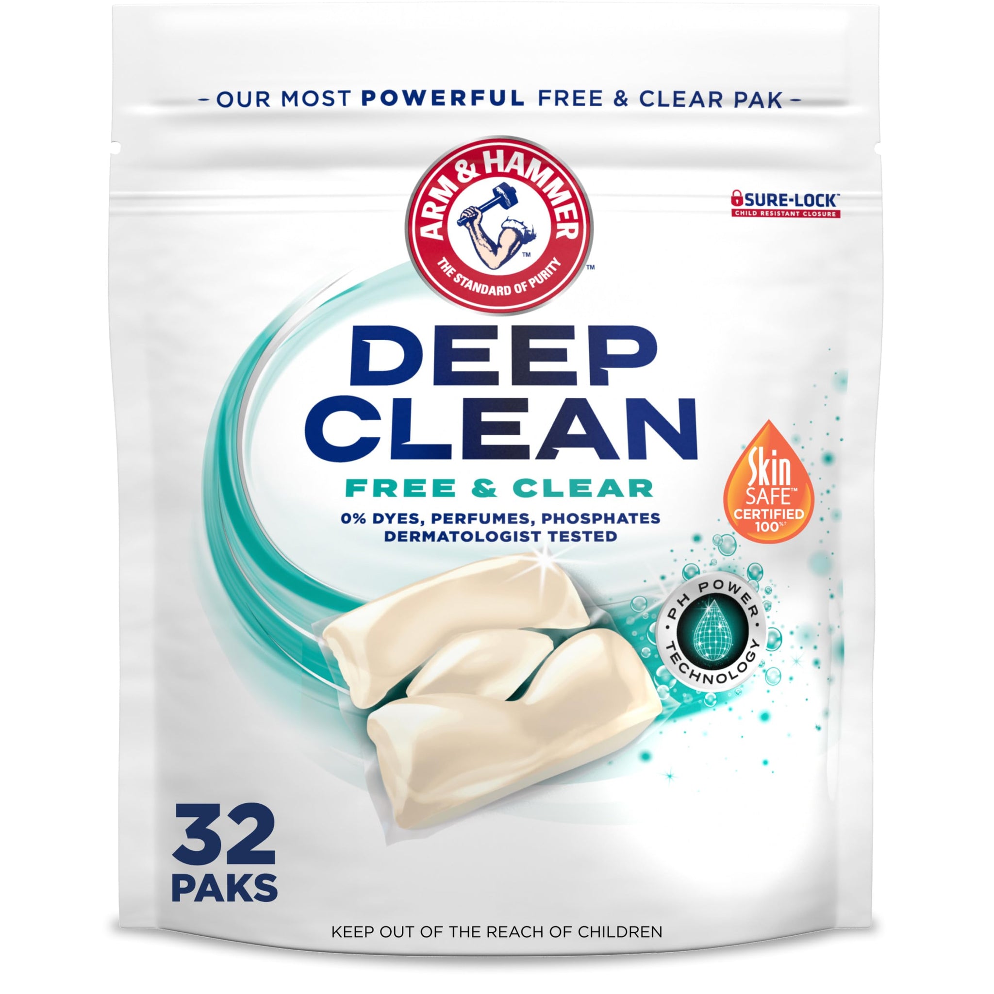 ARM & HAMMER Deep Clean Free & Clear Laundry Detergent Power Paks, Free of Dyes and Perfumes, Dermatologist Tested, 32 Count