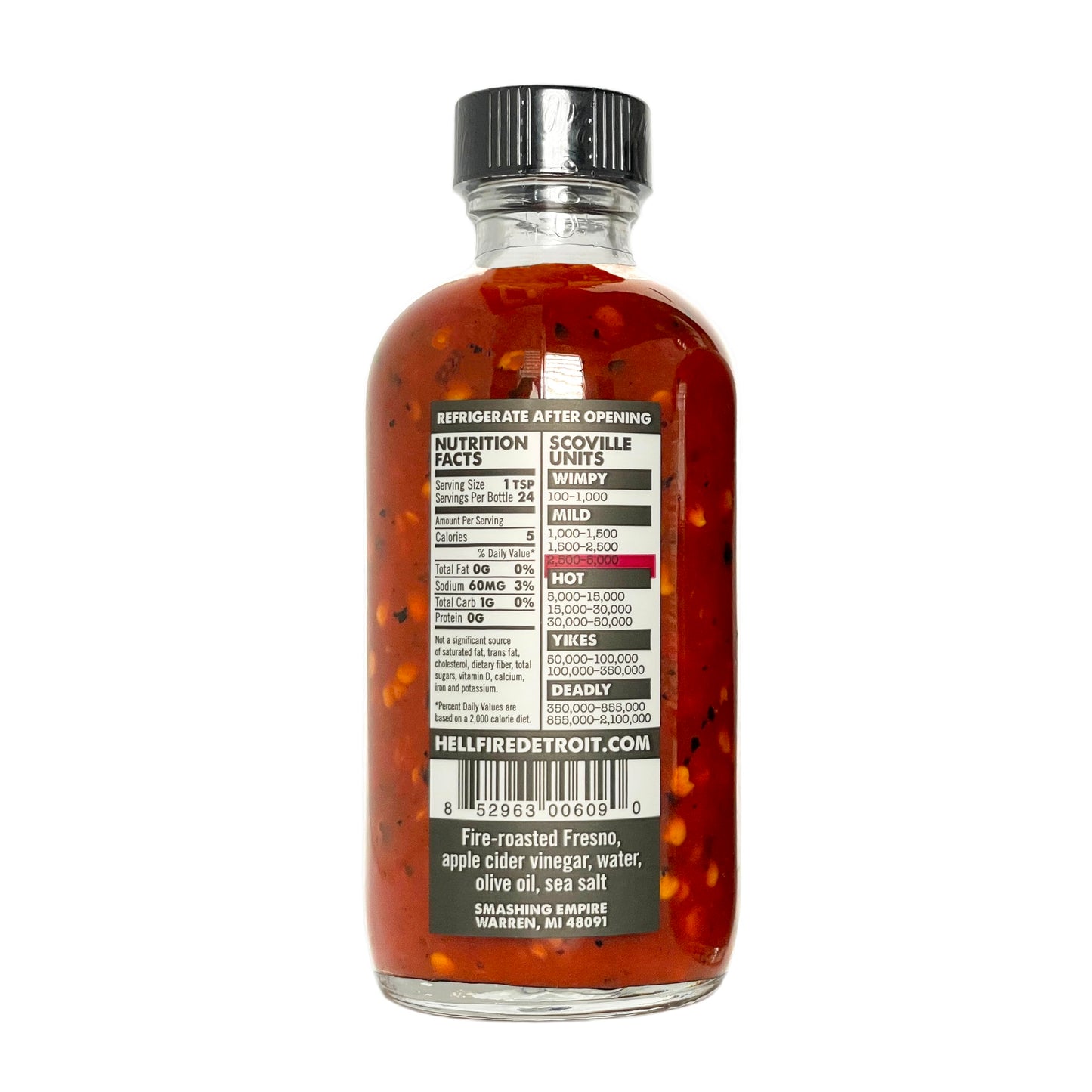 Hell Fire Detroit Fresno Hot Sauce (Medium), Crafted with Fresh, Fire-Roasted Fresno Chile Peppers, All-Natural, Vegan, Gluten-Free, Low Sodium - 4 Fl