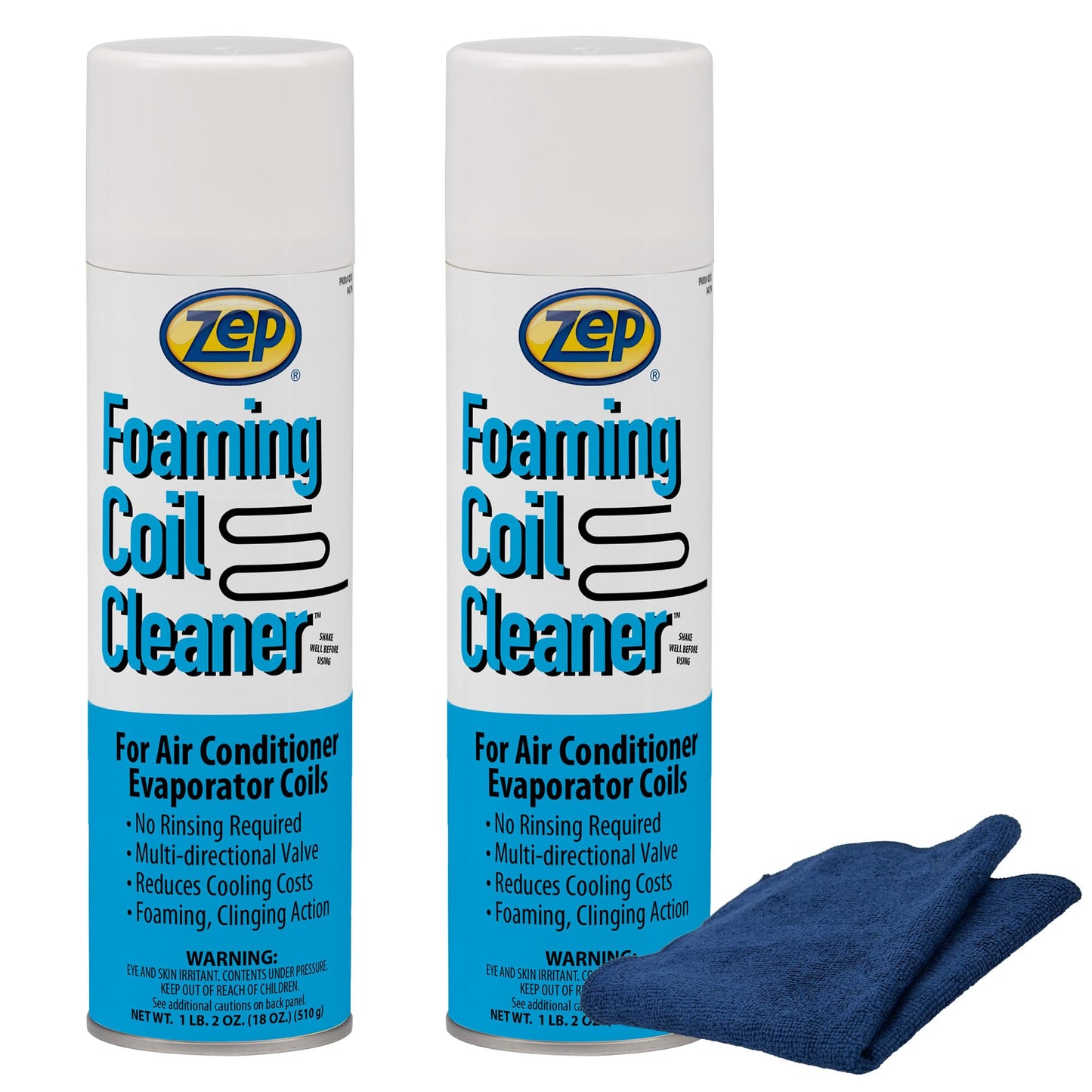 Zep Foaming Coil Cleaner 18 oz (2 Units) & A Blue Microfiber Rag ECBD039 - No-Rinse Evaporator Coil Cleaner for Air Conditioner and HVAC Maintenance