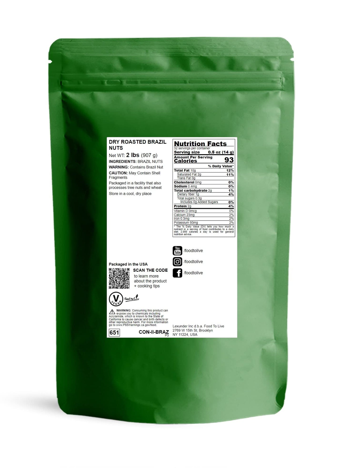 Food to Live Dry Roasted Brazil Nuts, 2 Pounds - Unsalted, Whole, Oven Roasted Brazilian Nuts, No Oil Added, Shelled, Vegan, Kosher, Bulk. Good Source