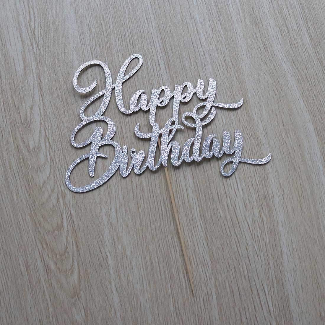 AMINJIE Happy Birthday Cake Topper - Birthday Party Decorations, Double Sided Silver Glitter
