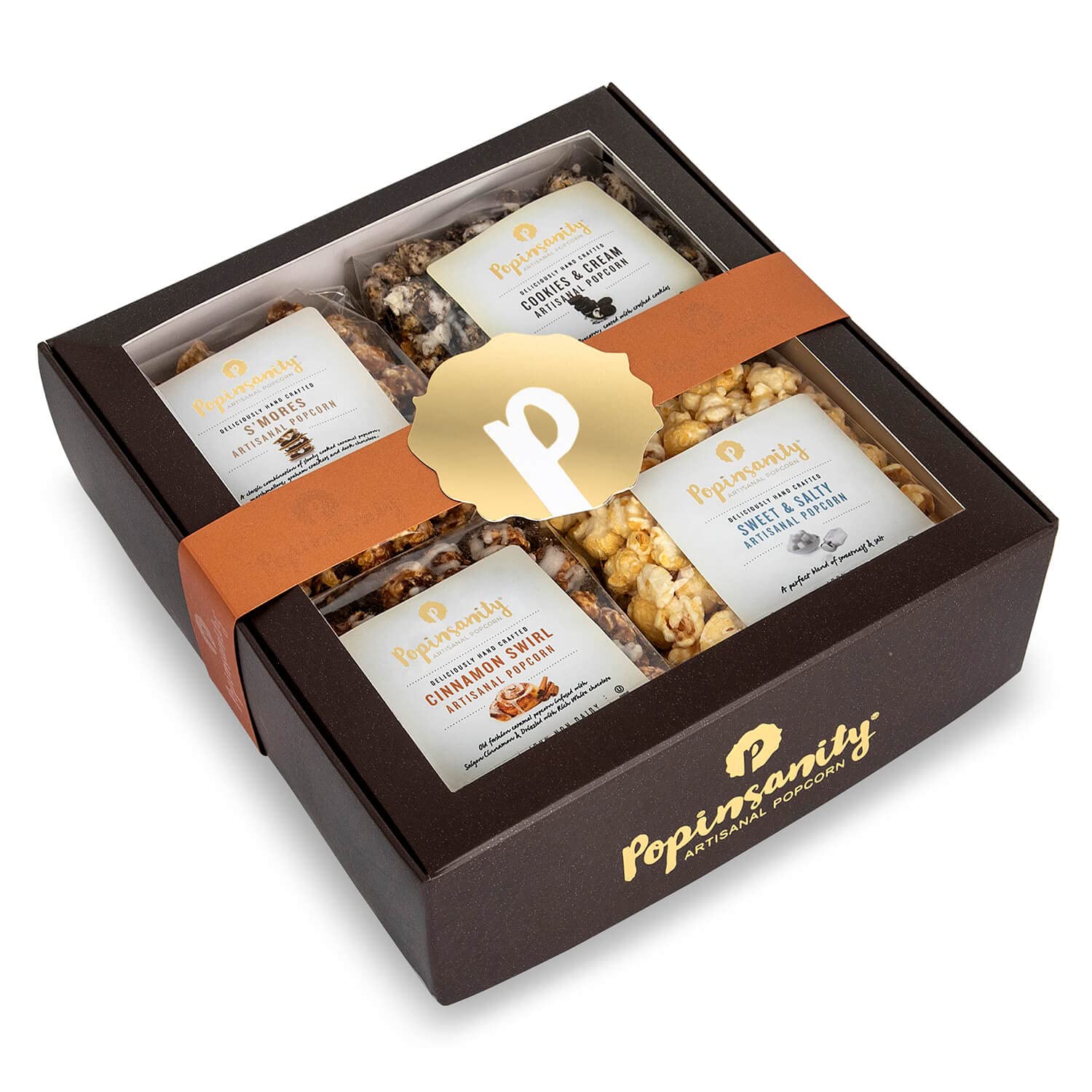 POPINSANITY Gourmet Popcorn Gift Set In A Deep Chocolate Brown Deluxe Box. Overflowing with 4 Bags x 6 Oz Most Popular Popped Popcorn Flavors. Kosher