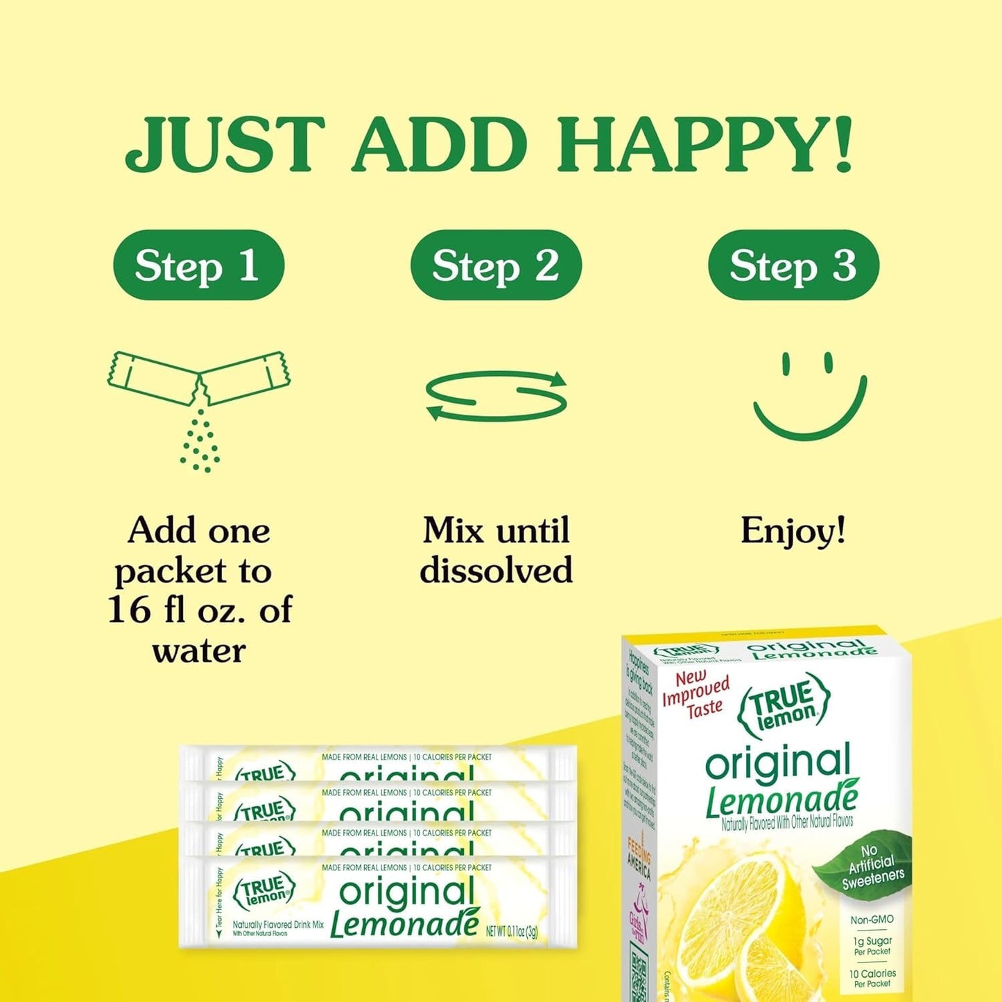 TRUE LEMON Original Lemonade Drink Mix| Made from Real Lemon | No Preservatives, No Artificial Sweeteners, Gluten Free | Water Flavor Packets & Water