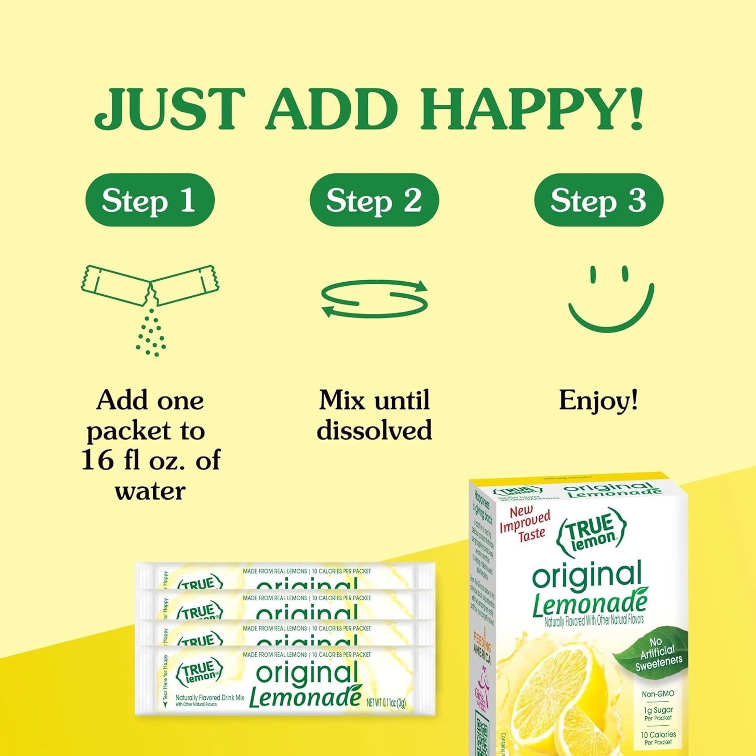 TRUE LEMON Original Lemonade Drink Mix| Made from Real Lemon | No Preservatives, No Artificial Sweeteners, Gluten Free | Water Flavor Packets & Water