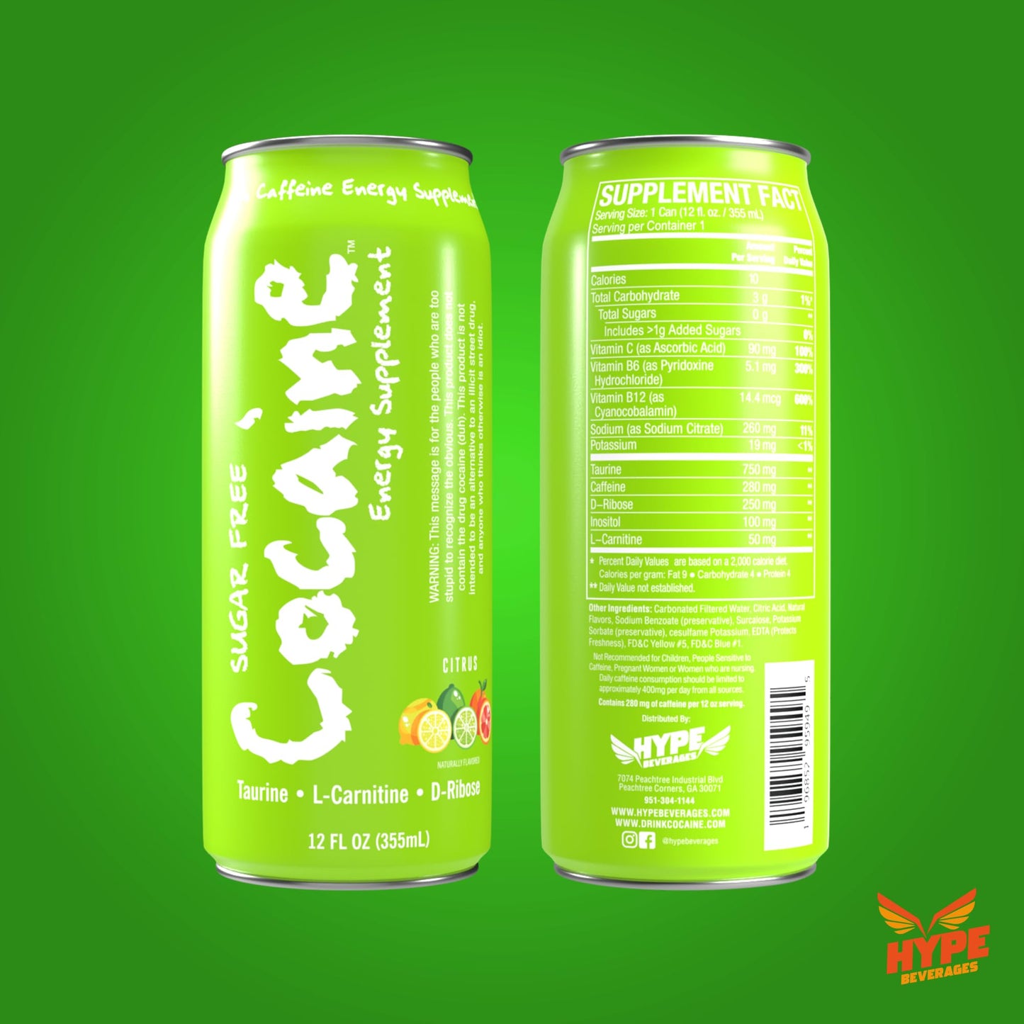 Hype Beverages Official 280mg Caffeine Energy Drink Sparkling Citrus, Sugar Free - Energy Boost with Healthy Energy Drinks with Vitamin C, B6, B12