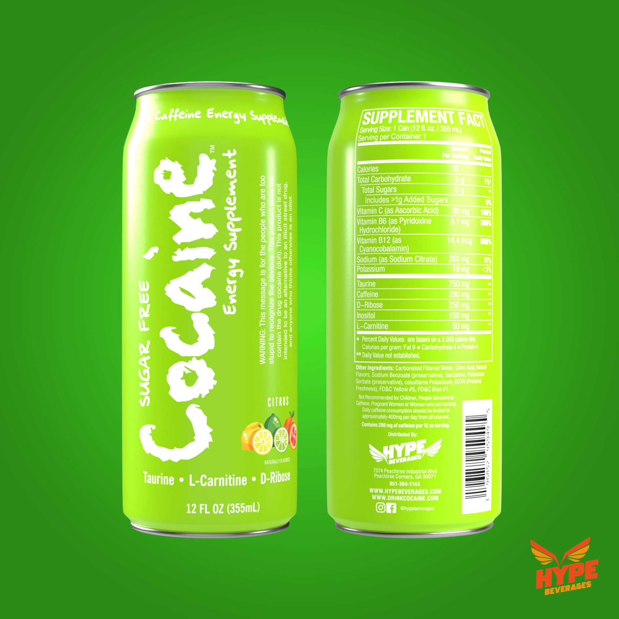Hype Beverages Official 280mg Caffeine Energy Drink Sparkling Citrus, Sugar Free - Energy Boost with Healthy Energy Drinks with Vitamin C, B6, B12