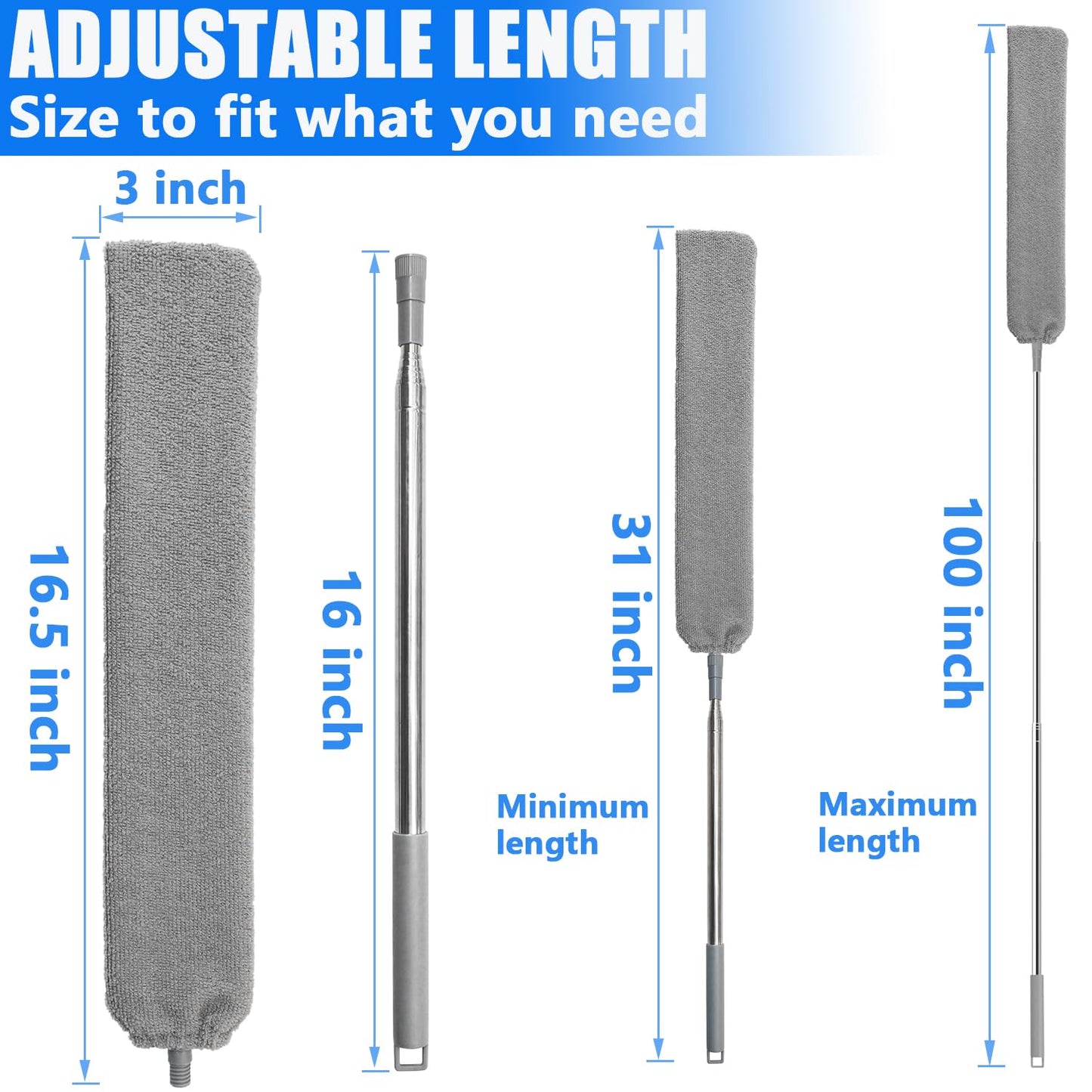 100 inches Retractable Gap Dust Cleaner Cleaning Tools with 4 Microfiber Dusting Cloths Long Handle, Washable and Retractable Duster Brush