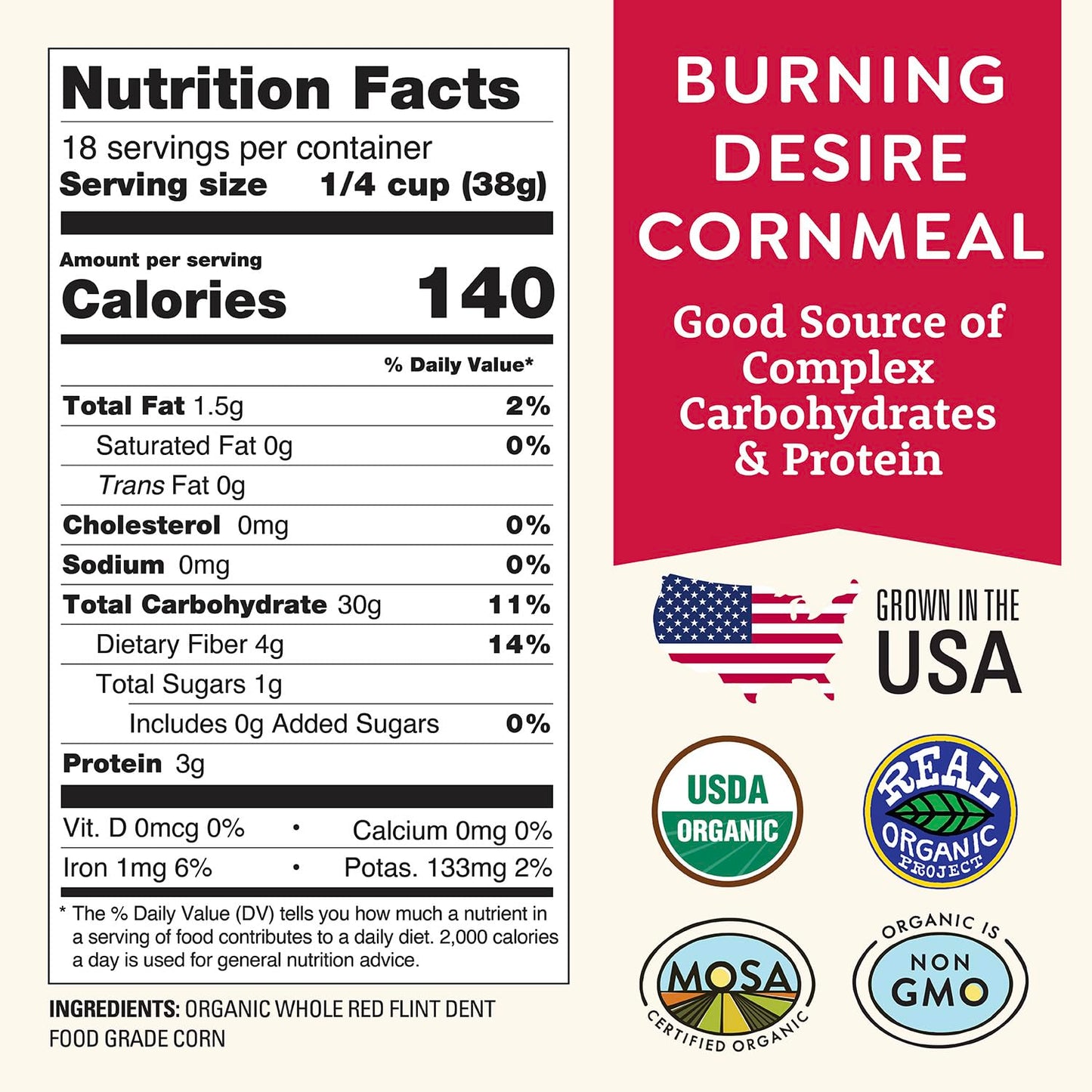 Organic Red Cornmeal Heirloom Red Dent Corn 1.5 lb - USDA Organic, Certified Clean, Non-GMO, Glyphosate Free - Biodynamic & Regeneratively Farmed