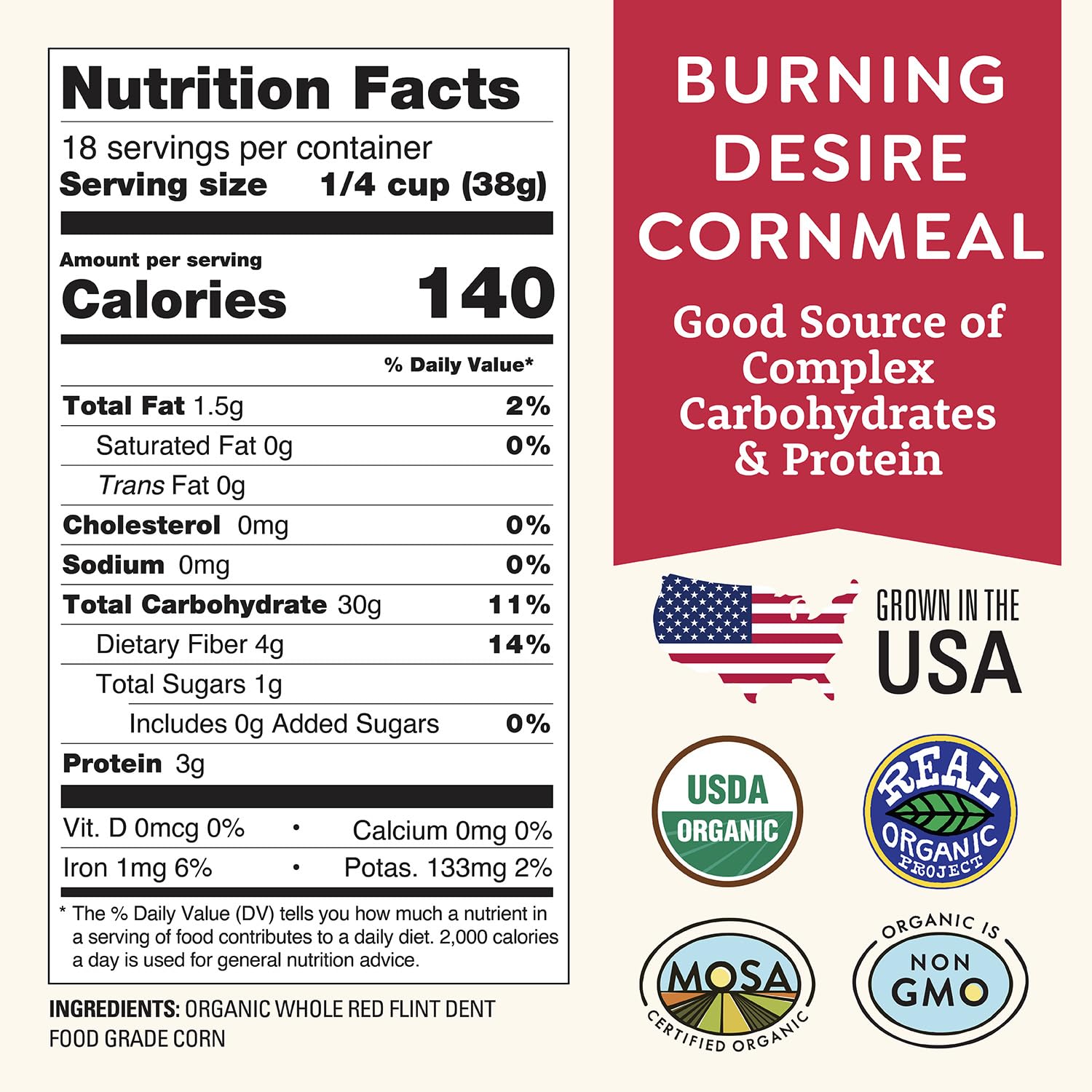 Organic Red Cornmeal Heirloom Red Dent Corn 1.5 lb - USDA Organic, Certified Clean, Non-GMO, Glyphosate Free - Biodynamic & Regeneratively Farmed