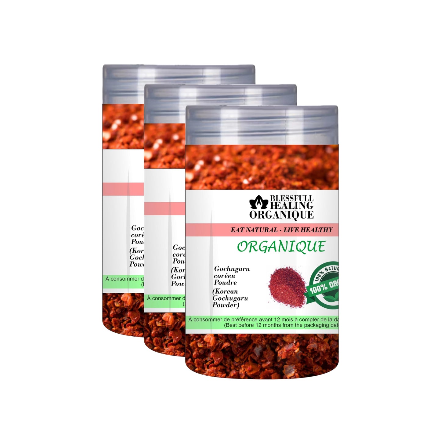 Blessfull Healing Organic Korean Gochugaru Powder (Korean Chilli Pepper Fine Powder) 100 Gram (3.52 oz) Each (Pack Of 3) = 300 Grams, Vegan