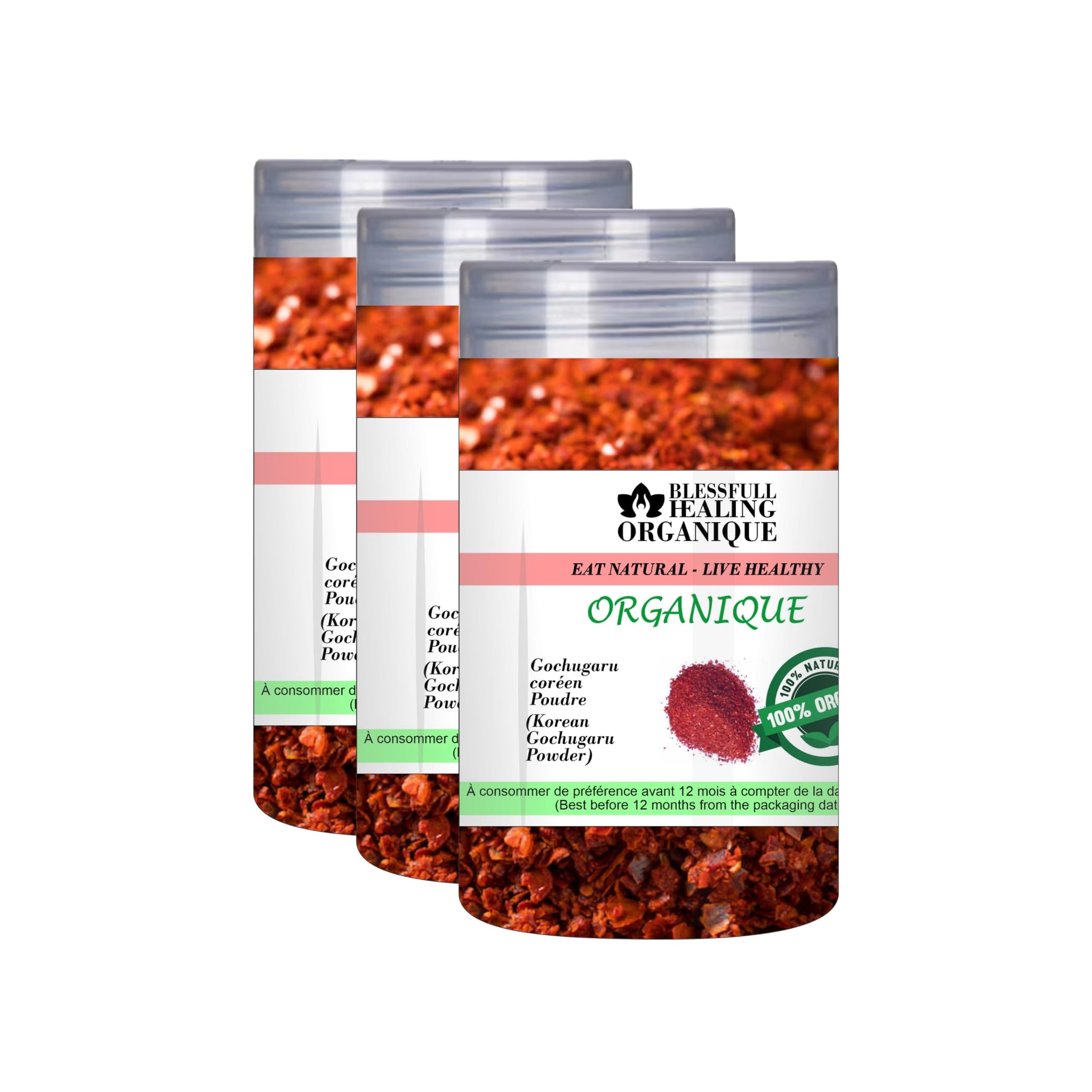 Blessfull Healing Organic Korean Gochugaru Powder (Korean Chilli Pepper Fine Powder) 100 Gram (3.52 oz) Each (Pack Of 3) = 300 Grams, Vegan