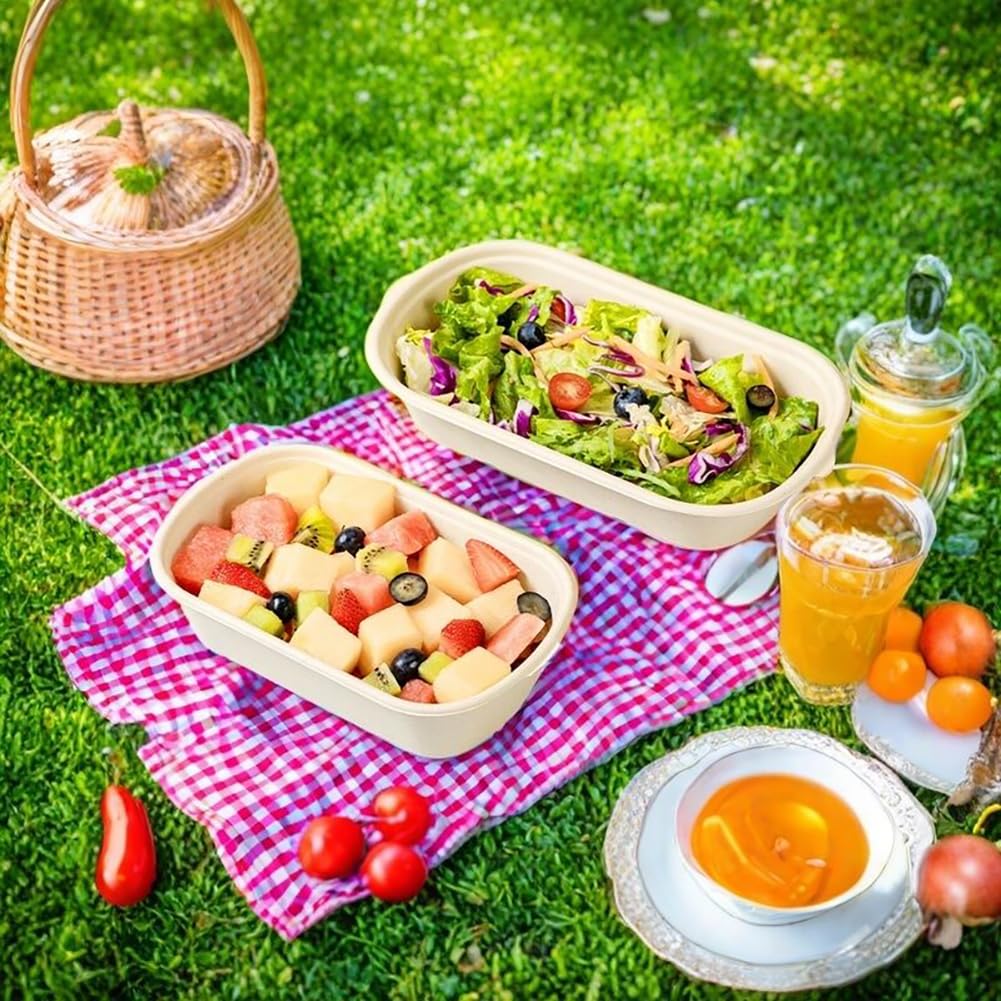 Aksipo 50 Pack 29 Oz Disposable Meal Prep Containers with Lids, Rectangle Paper Bowls with Lids for Salad,Leftovers, Leak-proof To Go Box Cardboard