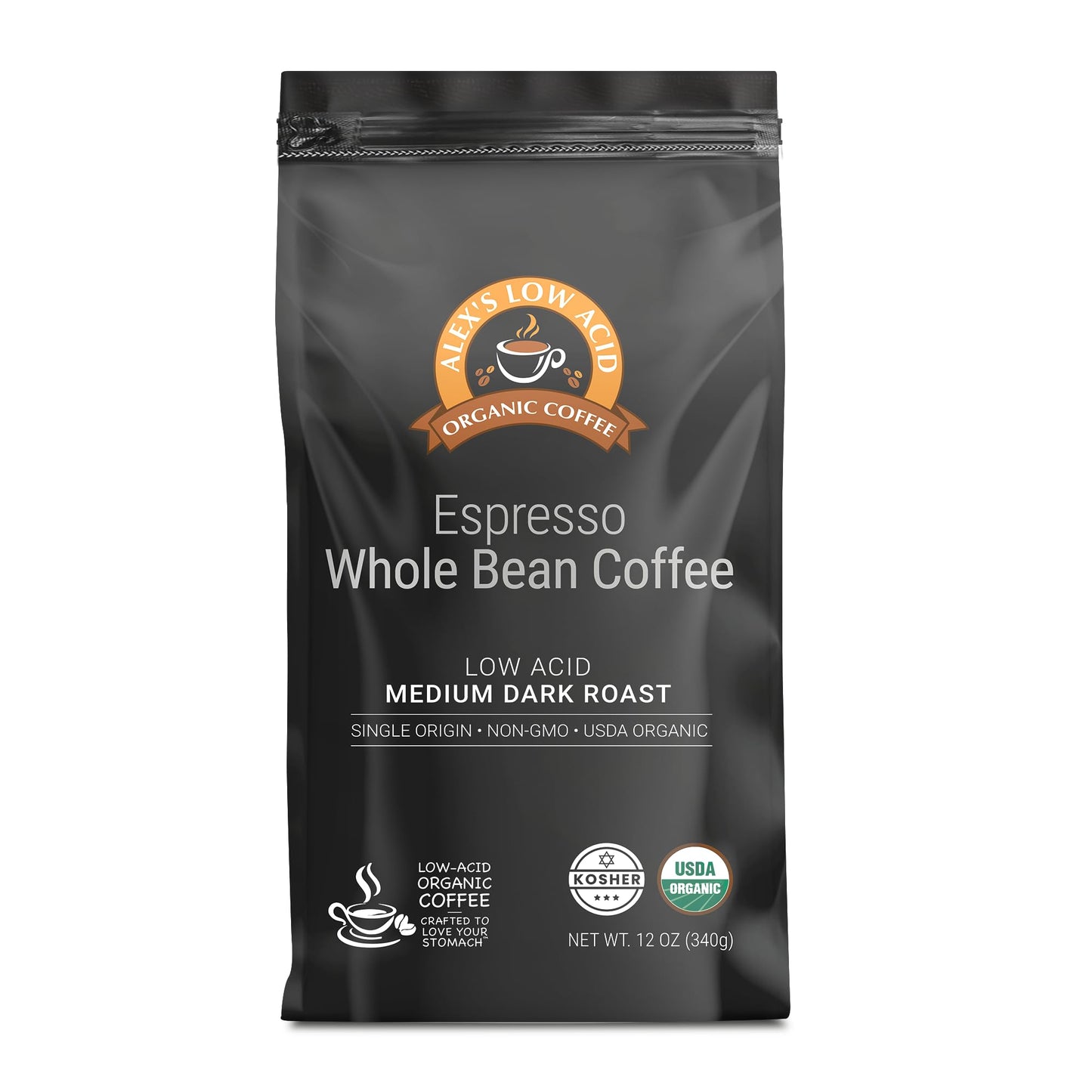 Alex's Low Acid Organic Coffee 12oz Bag - Whole Bean Espresso, Medium Dark Roast (Pack of 3)