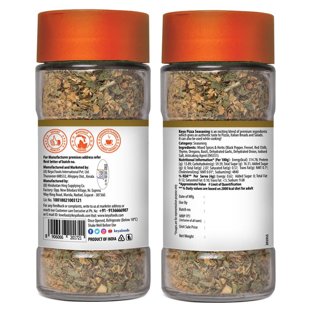 Keya Pizza Seasoning All Natural Healthy Spice Blend for Pizza, Pasta More Glass Bottle Premium Herbs and Spices Contains Freeze dried herbs Export