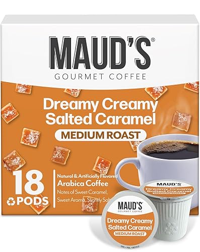 Maud's Salted Caramel Flavored Coffee Pods, 18 ct, Medium Roast Flavored Coffee in Single Serve Pods - 100% Arabica Beans, Compatible with Keurig K