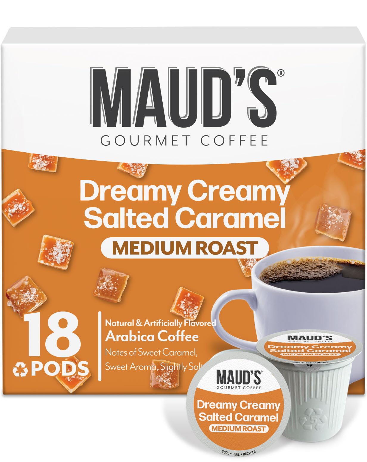 Maud's Salted Caramel Flavored Coffee Pods, 18 ct, Medium Roast Flavored Coffee in Single Serve Pods - 100% Arabica Beans, Compatible with Keurig K