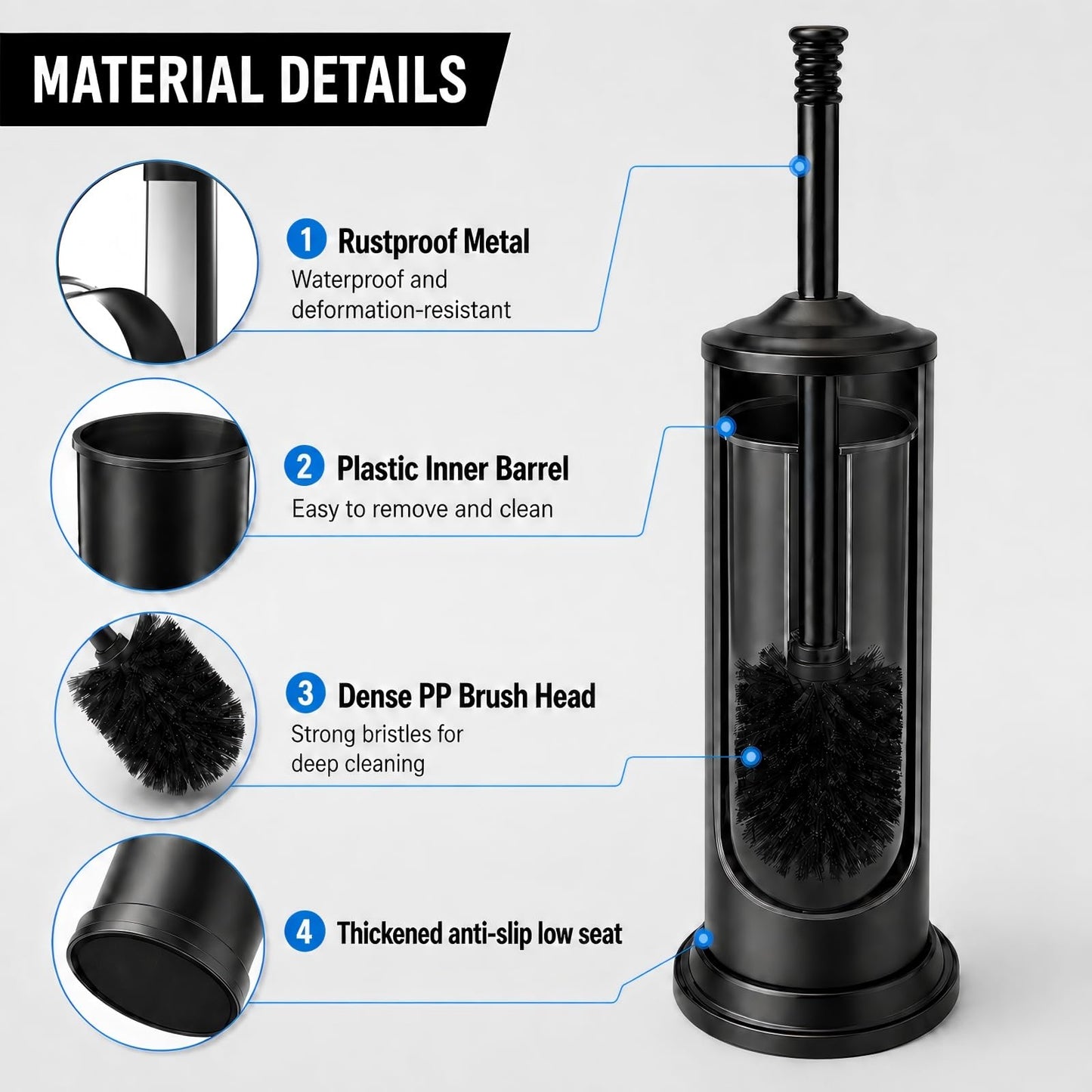 Black Toilet Brush and Holder Set?Extra Long Handled Toilet Bowl Brush and Holder?Stainless Steel Heavy Duty Toilet Brush for Bathroom,Deep Cleaning