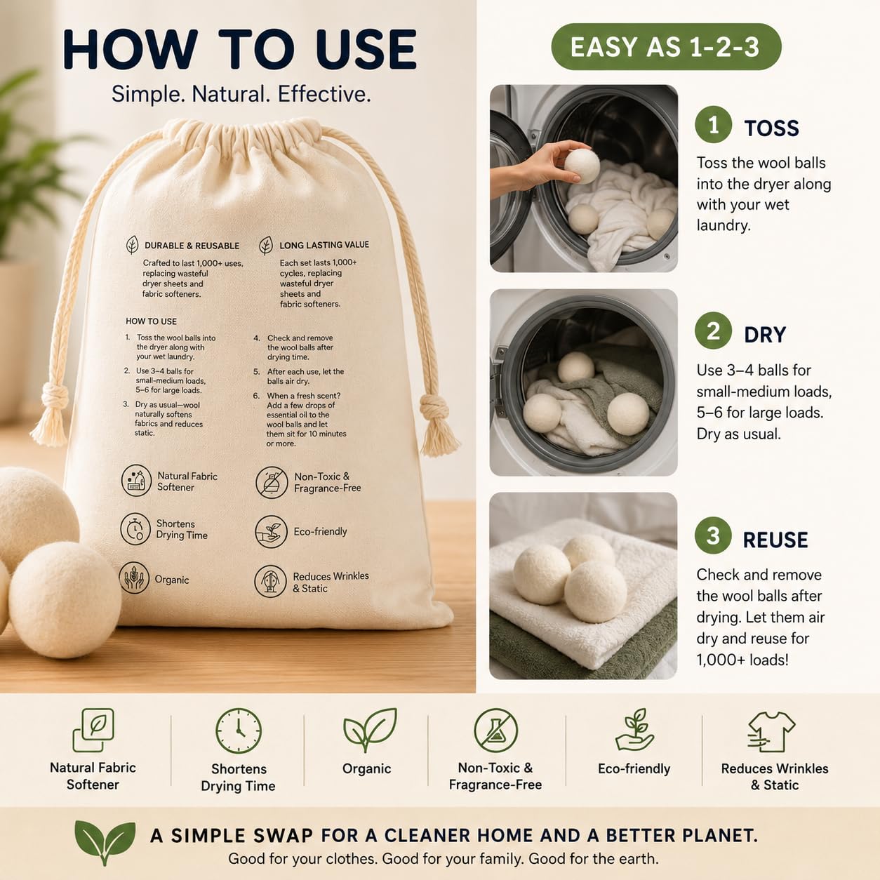 GudBaby Wool Dryer Balls - 6 Pack (100% Premium New Zealand Wool)