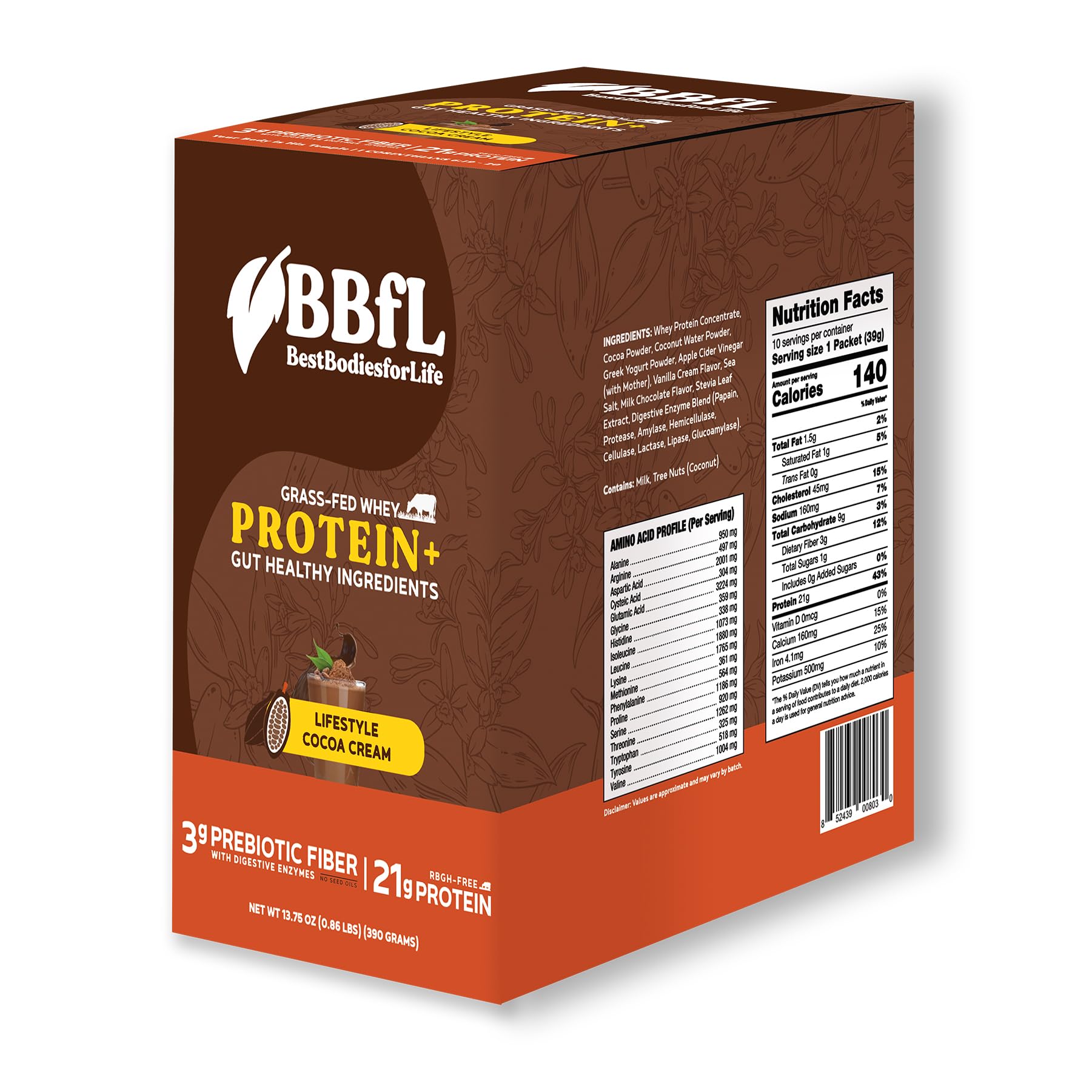BBfL Grass-Fed Whey Protein Shake - 21g rBGH-Free Protein, Cocoa + Apple Cider Vinegar, Prebiotics, Digestive Enzymes, Supports Gut Health