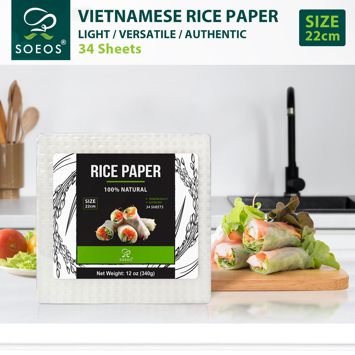 Soeos Rice Paper, 1 Pack, 34 Sheets, Square, 22cm