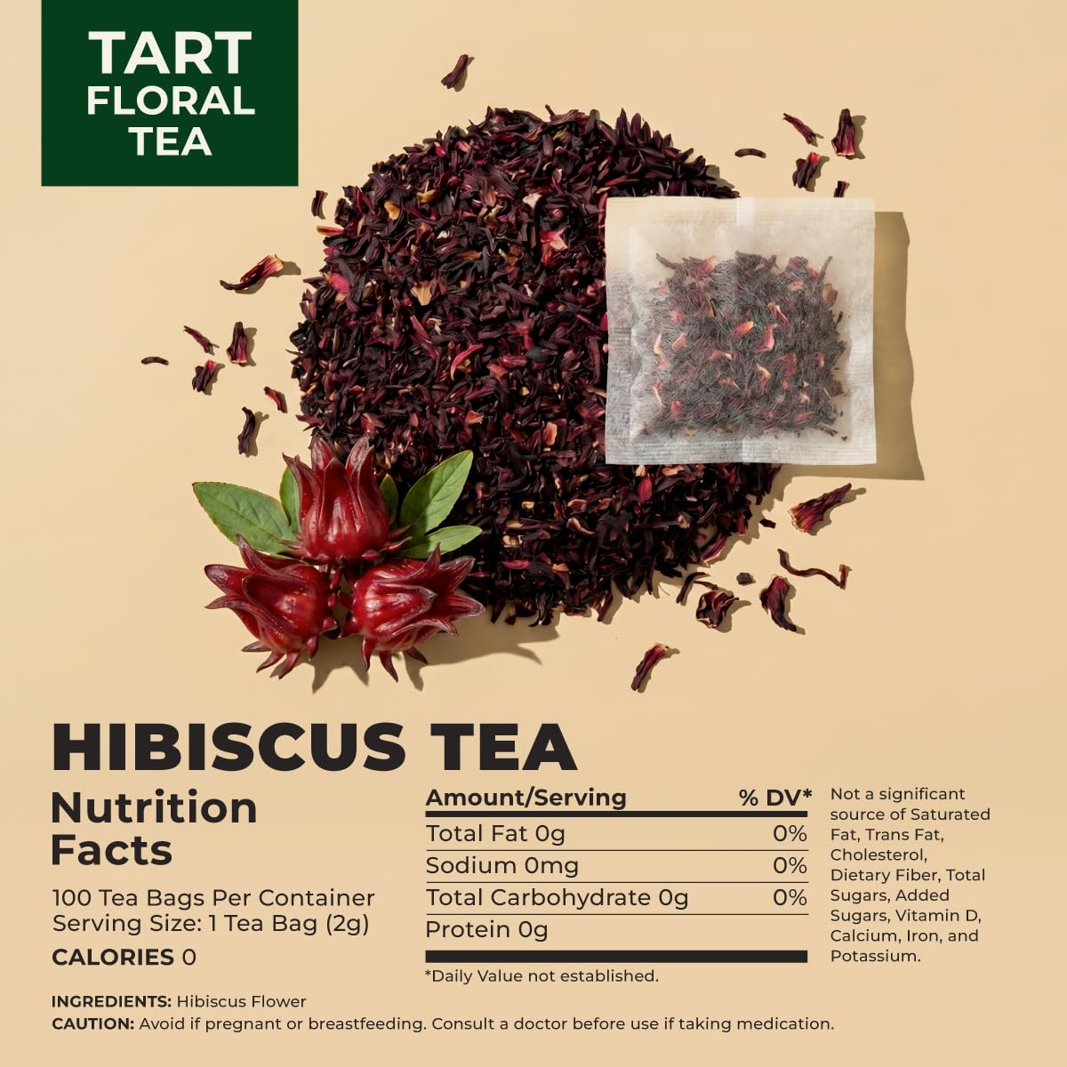 Gya Tea Co Hibiscus Tea Bags (100 Bags) - Caffeine Free - Tart And Refreshing Herbal Tea - No Added Sugar, No Fillers - Hot or Iced - Non-GMO