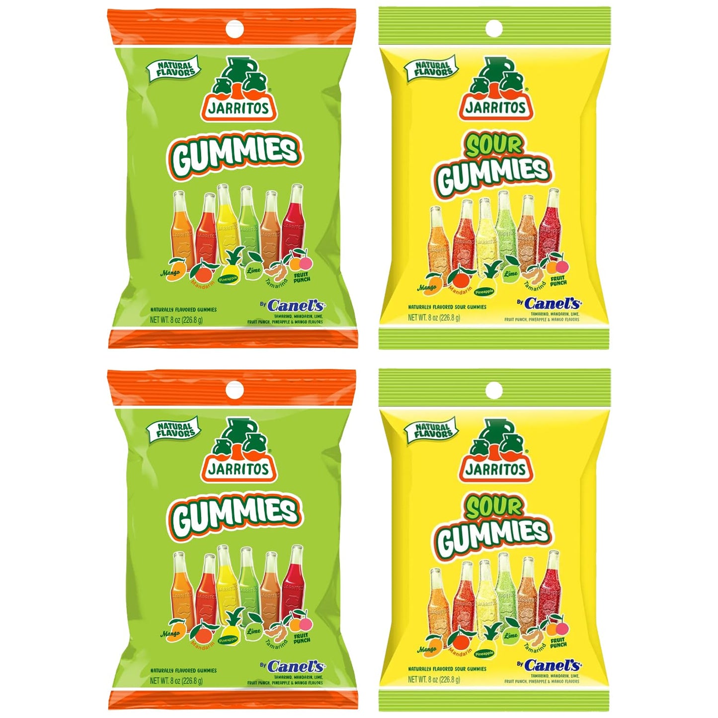 Jarritos Sour Gummies Candy - 4 Pack of Mexican Candies with Natural Flavors - 2 Sour & 2 Original Bags - 6 Fruity Flavors - Tangy & Chewy Snack