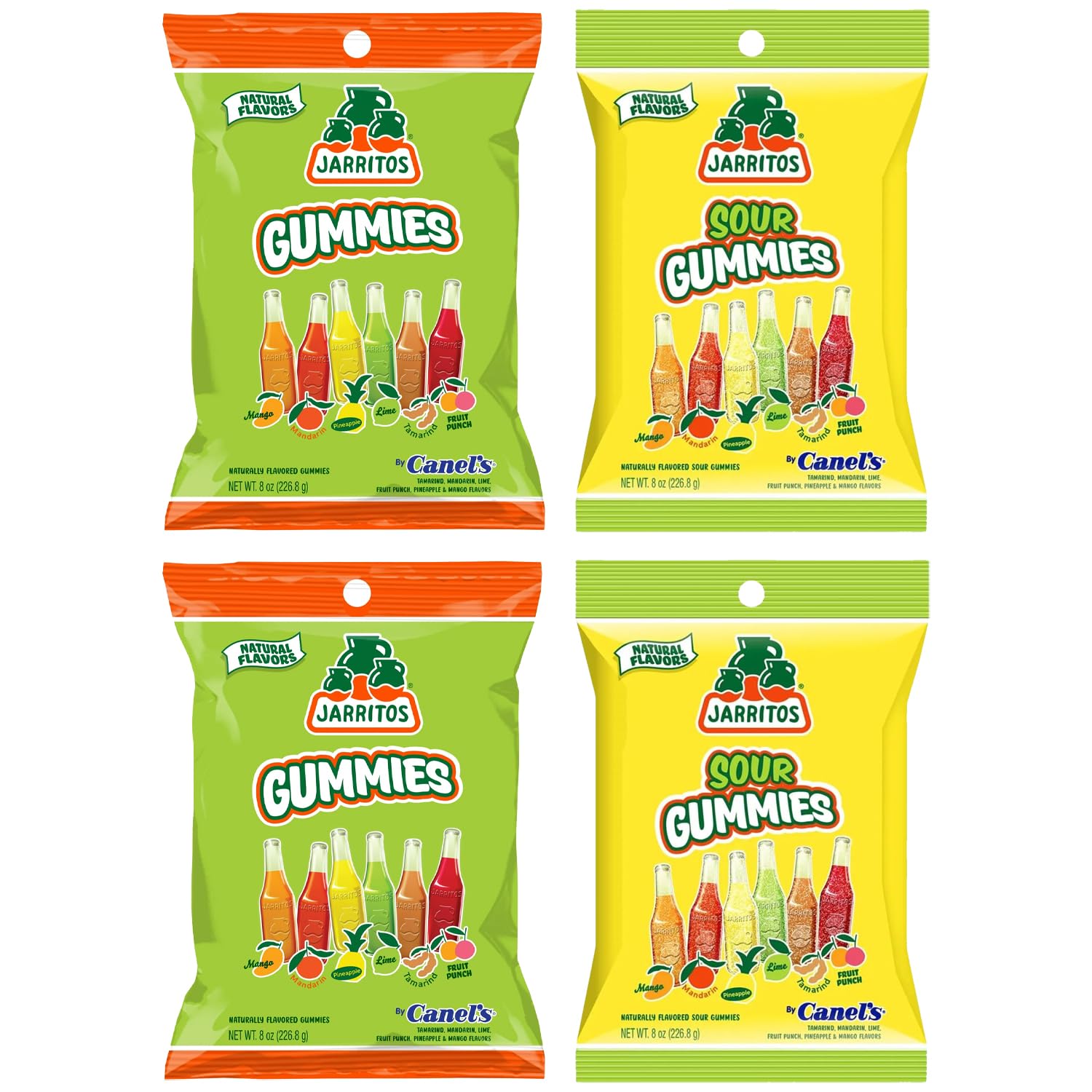 Jarritos Sour Gummies Candy - 4 Pack of Mexican Candies with Natural Flavors - 2 Sour & 2 Original Bags - 6 Fruity Flavors - Tangy & Chewy Snack