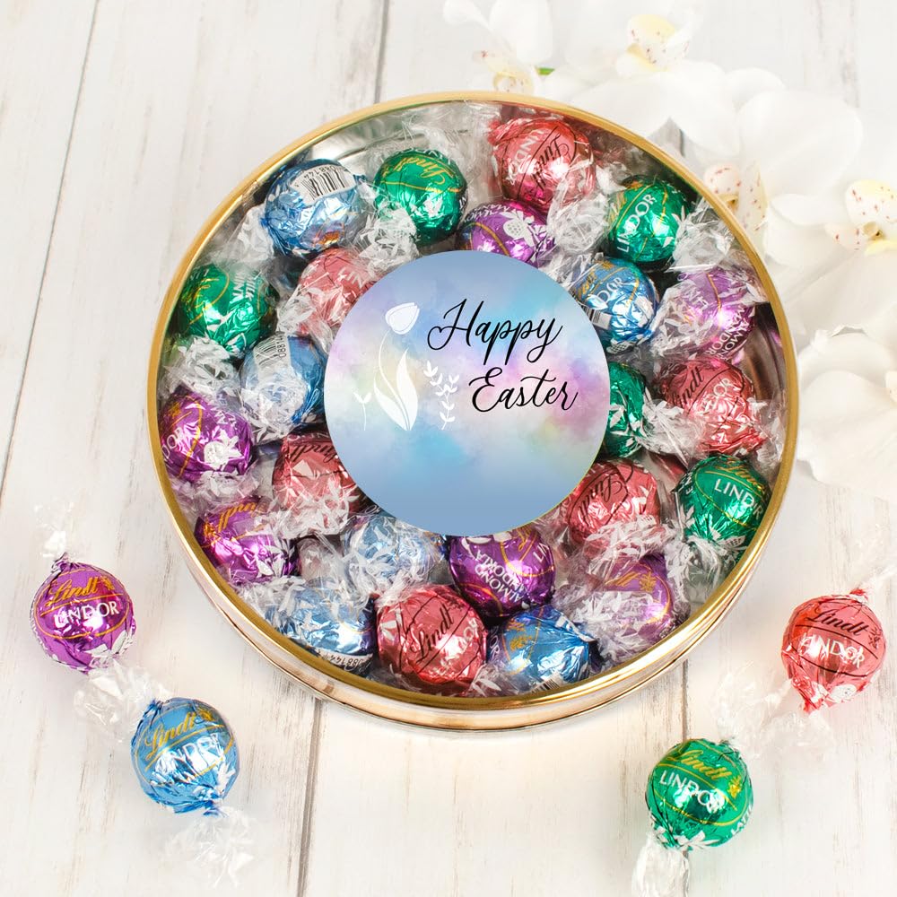 Easter Tulips Stickered Gift Tin With 20 Pastel Wrapped Candy Truffles