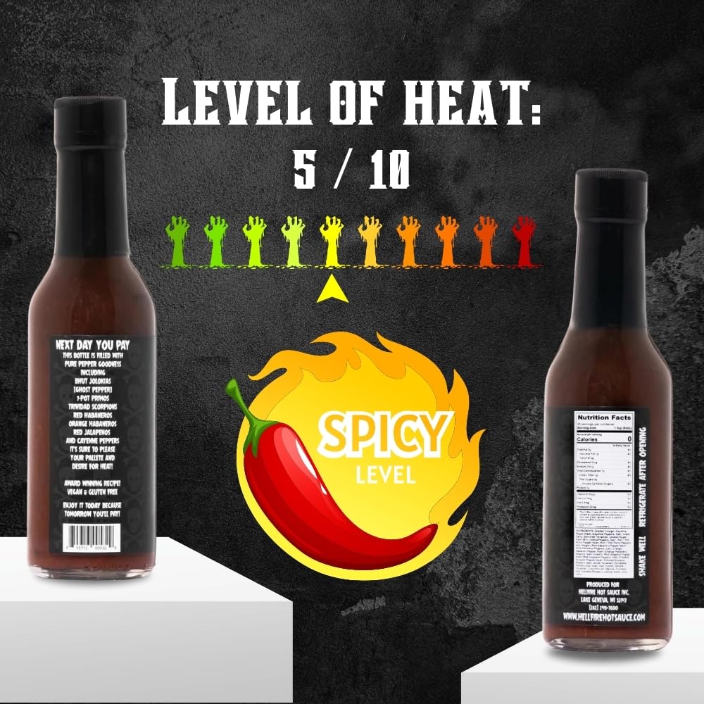 Hellfire Next Day You Pay! Hot Sauce, Made with Super Hot Peppers, Gourmet, Award-Winning Recipe, Vegan & Gluten Free, 5 oz