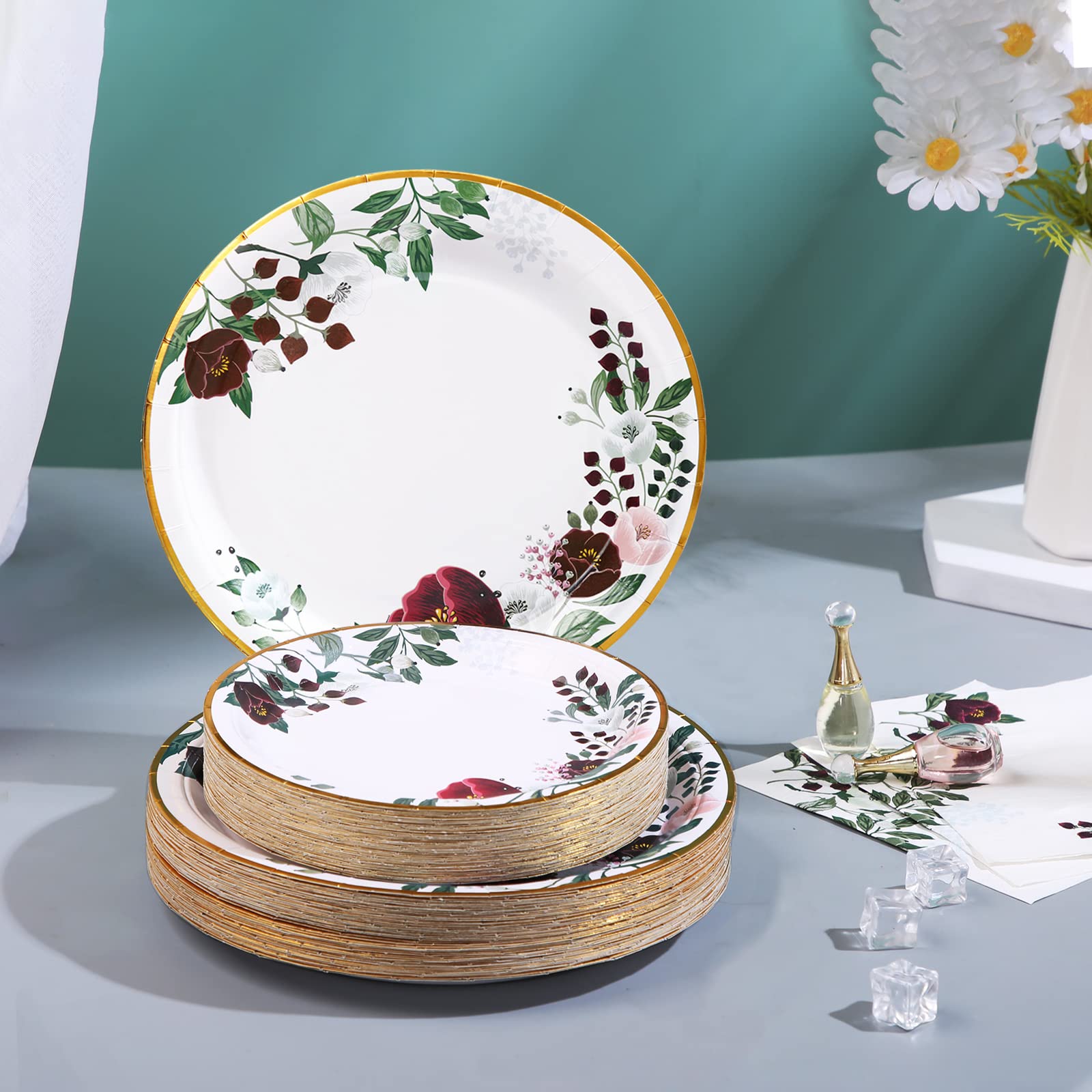 Gudvilla 200Pcs Floral Paper Plates and Napkins Party Supplies - Bridal Shower Decorations Serves 50, Burgundy for Wedding, Birthday, Valentine's Day
