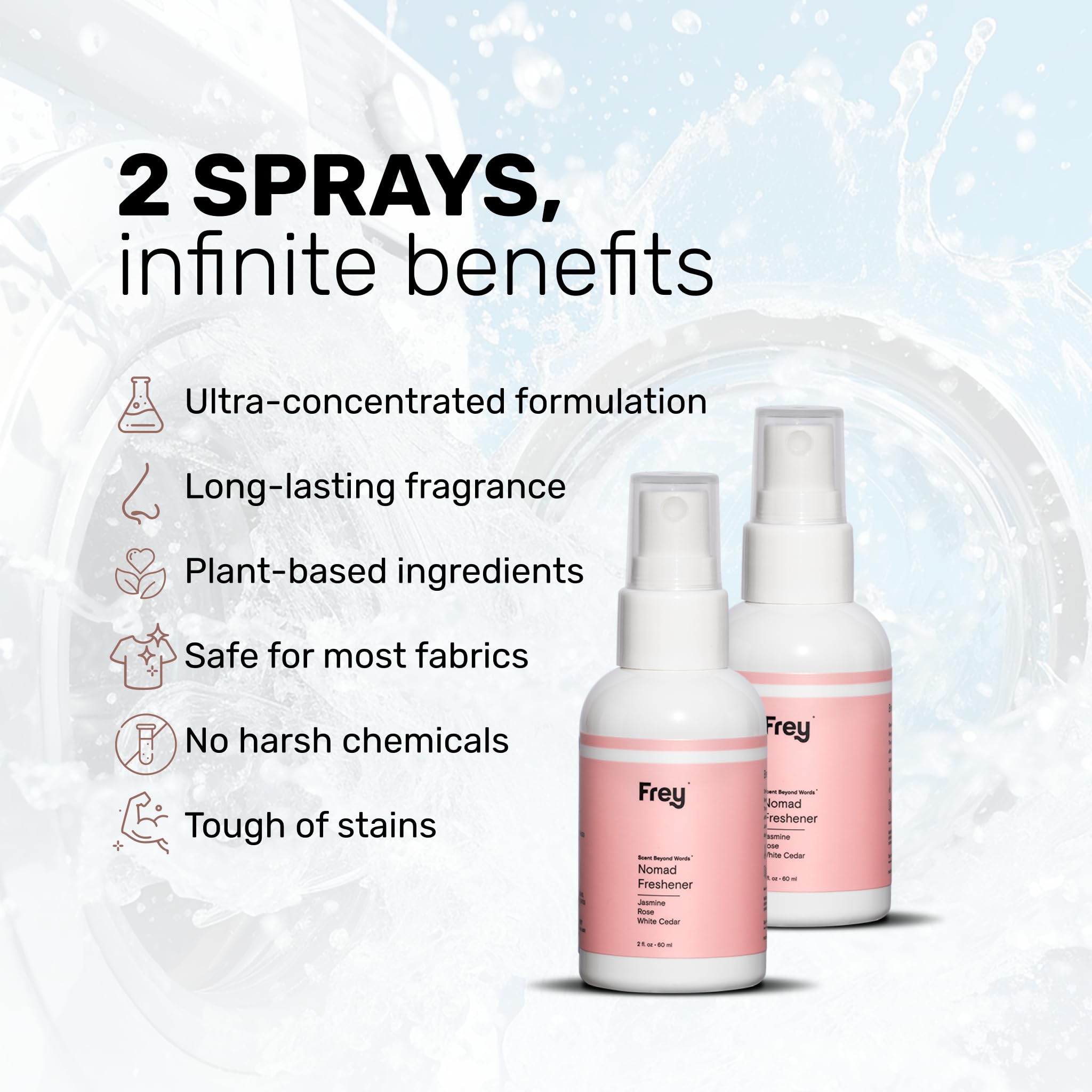 Frey Fabric Freshener Spray - Pack of 2 | Linen Spray Deodorizer for Laundry | Jasmine Rose | 2oz Bottles