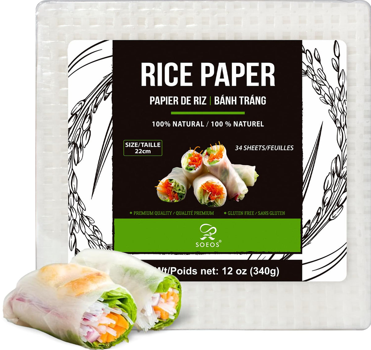 Soeos Rice Paper, 1 Pack, 34 Sheets, Square, 22cm