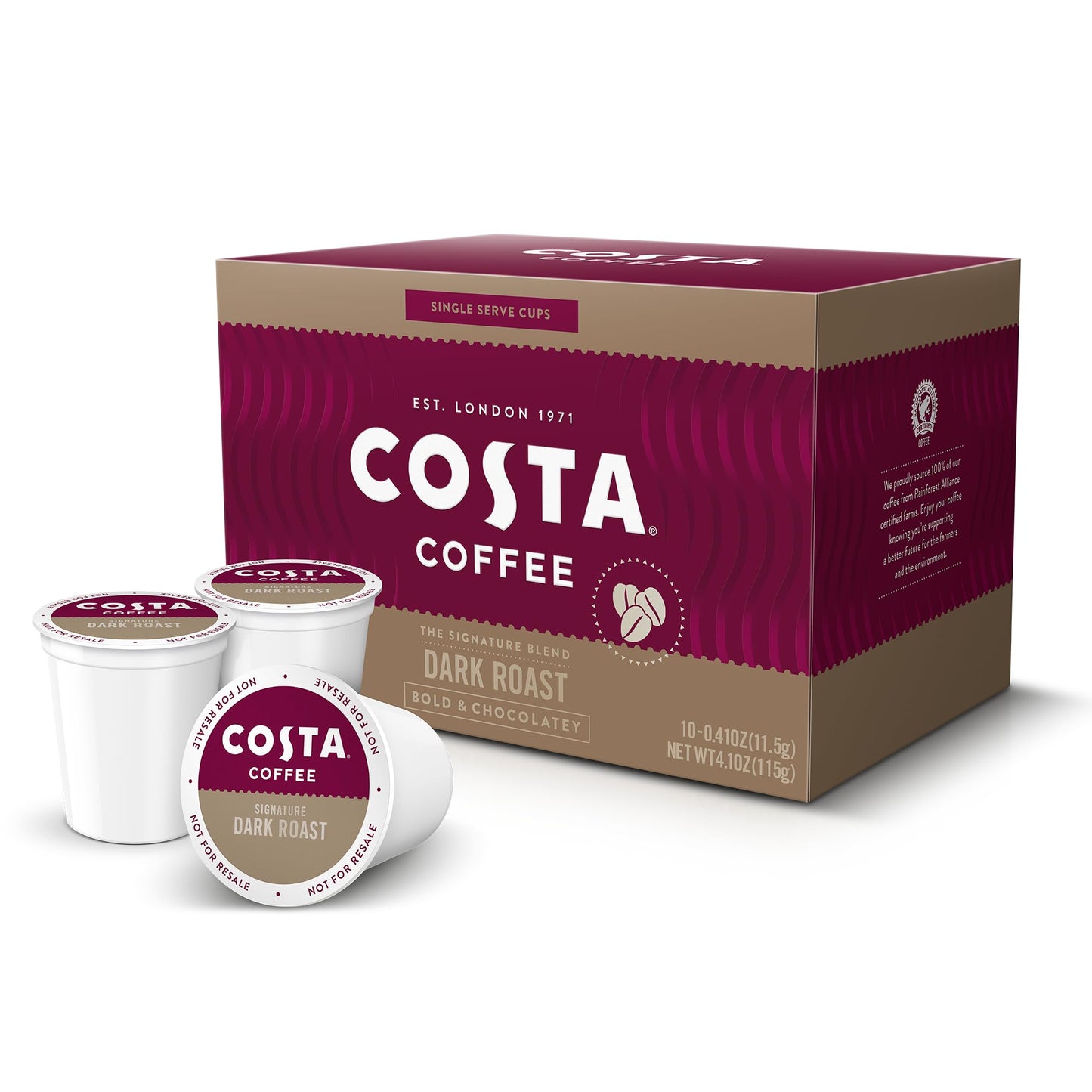 Costa Coffee Pods Dark Roast, Signature Blend Single-Serve Pods (10 Count), Smooth & Nutty 100% Arabica Beans, Compatible with Pod Brewers