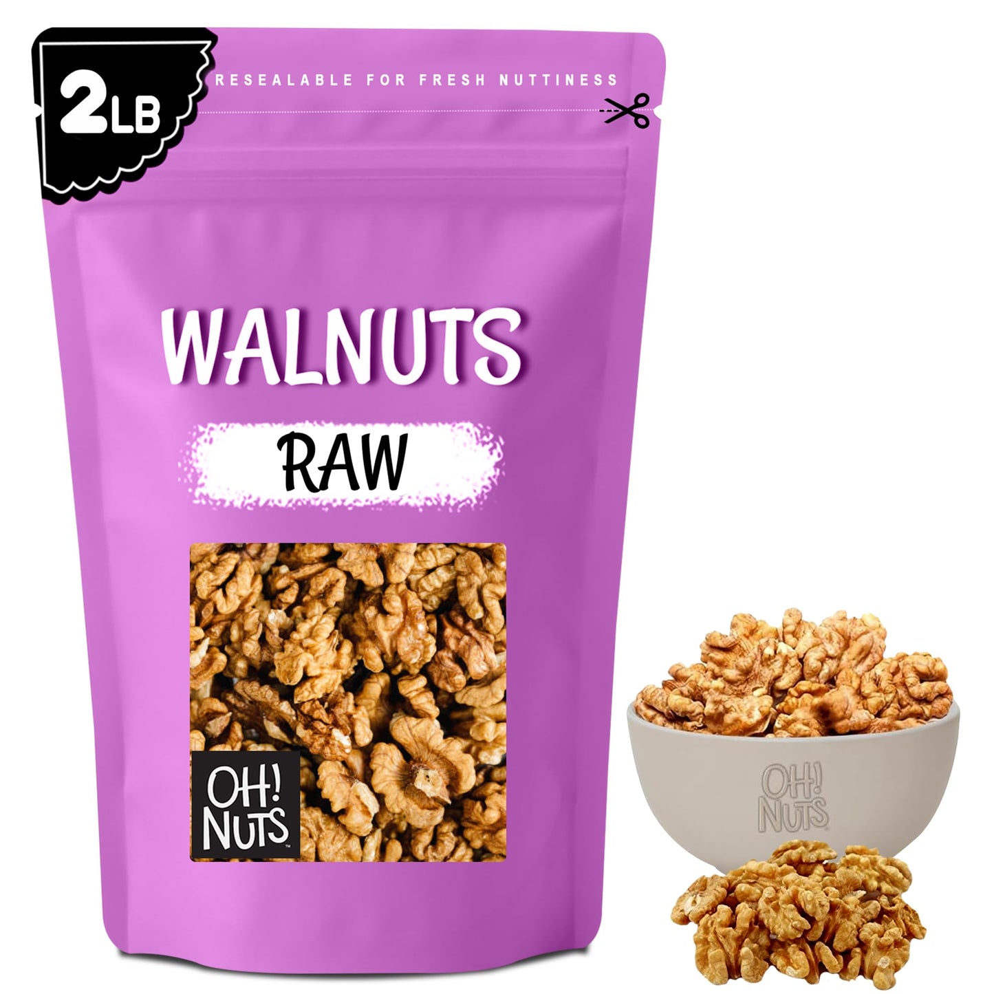 Oh! Nuts Organic Raw Walnuts 2lb Bulk Bag - Unshelled Healthy Mix of Chandler Halves & Pieces - Fresh & Healthy Keto Snacks - Chopped Nuts for Vegan