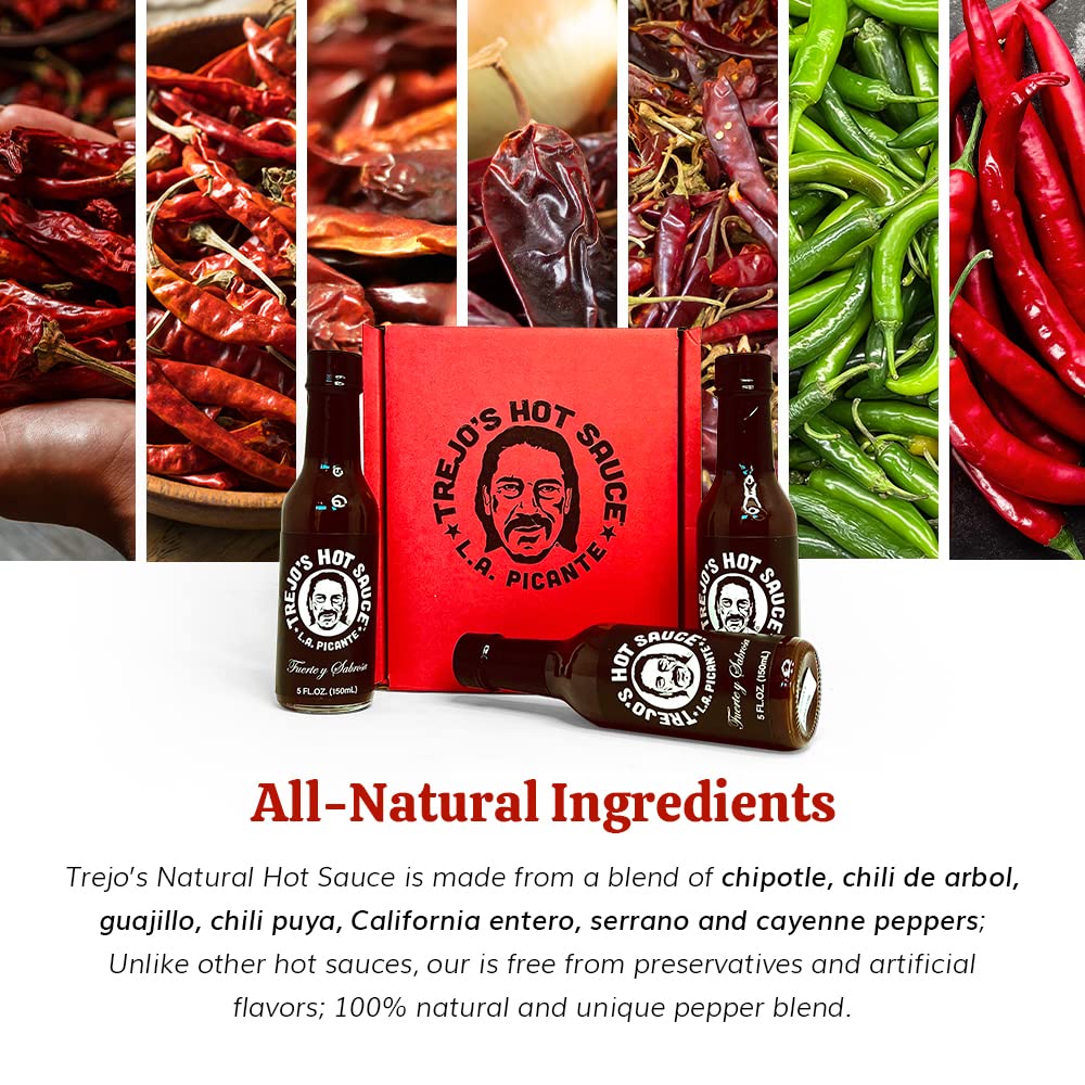 Trejo's Tacos All-Natural Hot Sauce - Medium Heat Blend of Peppers - Zero Calories - Non-GMO - Danny Trejo’s Famous Hot Sauce from Trejo's Tacos