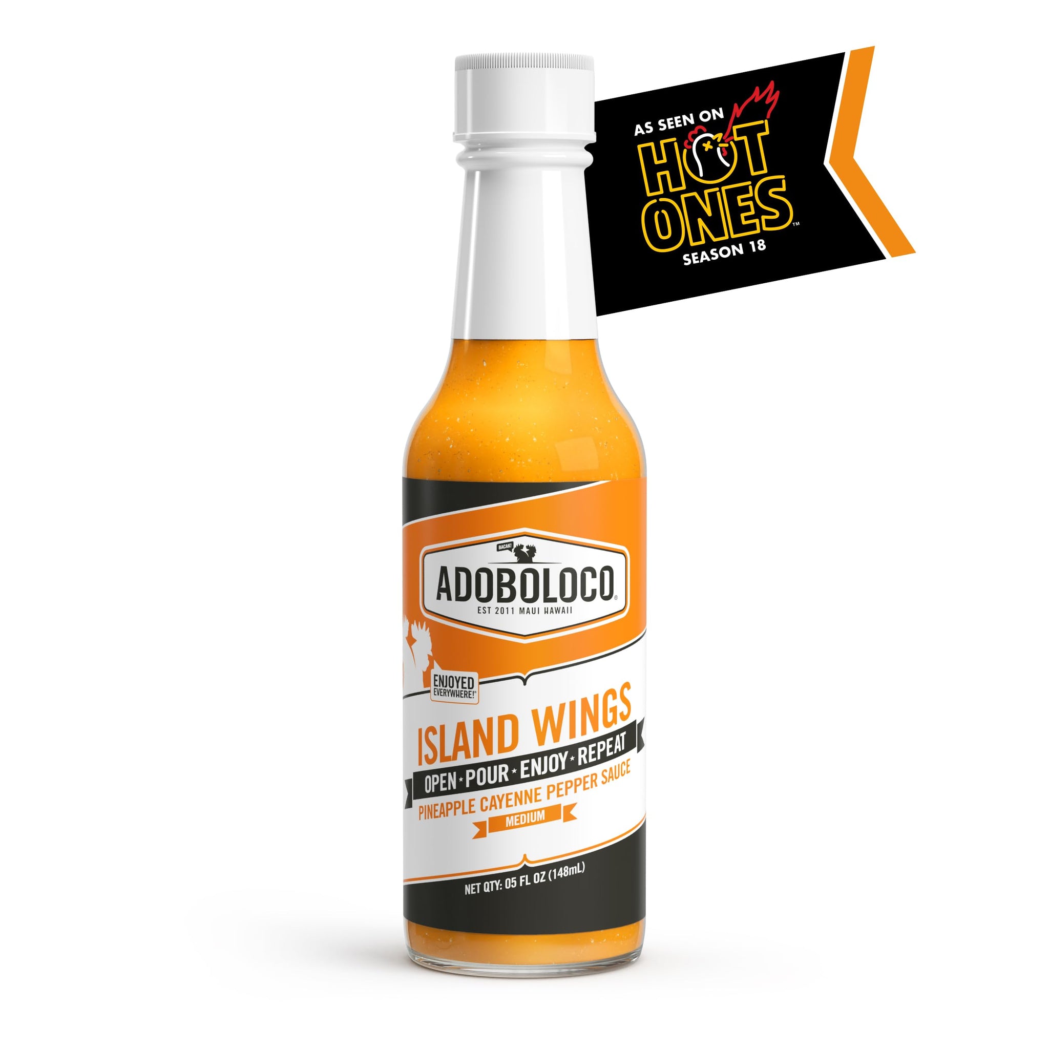 Adoboloco Island Wings Fire-Roasted Pineapple & Hot Honey Hot Sauce - Heat Level 03/10-5 Fl Oz - Seen on Hot Ones - All Natural, Sweet, Spicy