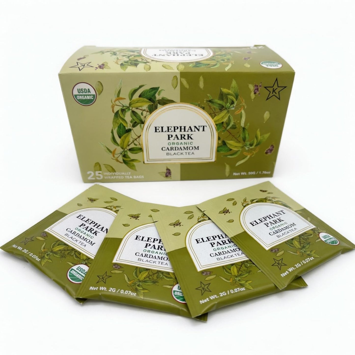 Elephant Park USDA Organic Cardamom Black Tea, 25 Individually Wrapped Tea Bags, Spiced Chai Style Blend With Natural Cardamom Flavor, Hot Or Iced