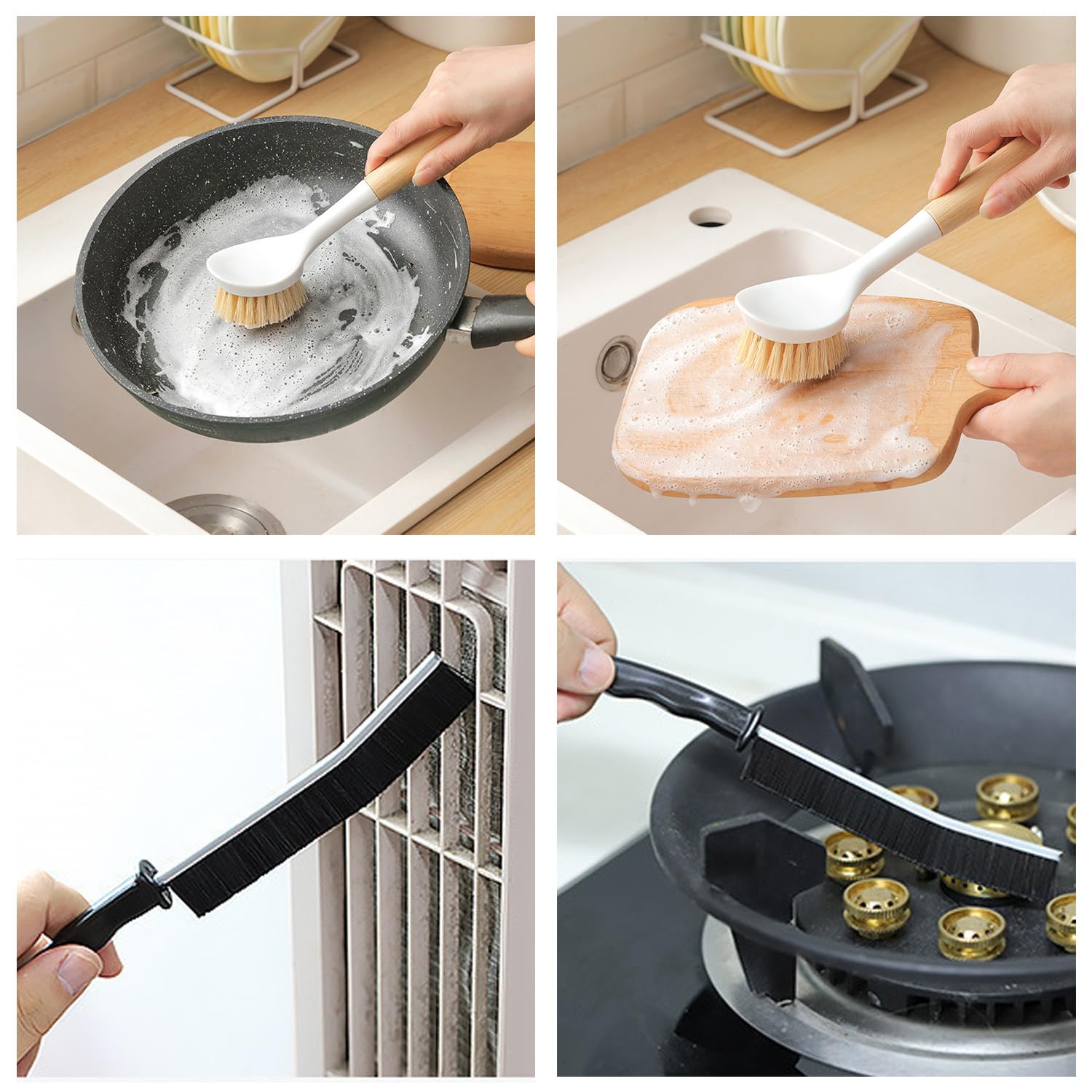 Kitchen Brush Set for Cleaning Dish, Pot, Pan, Sink and Stove, 4 Pcs 3 Kind of Different Scrubber Include 2 Pcs Crevice Brush, Great Cleaning Tools